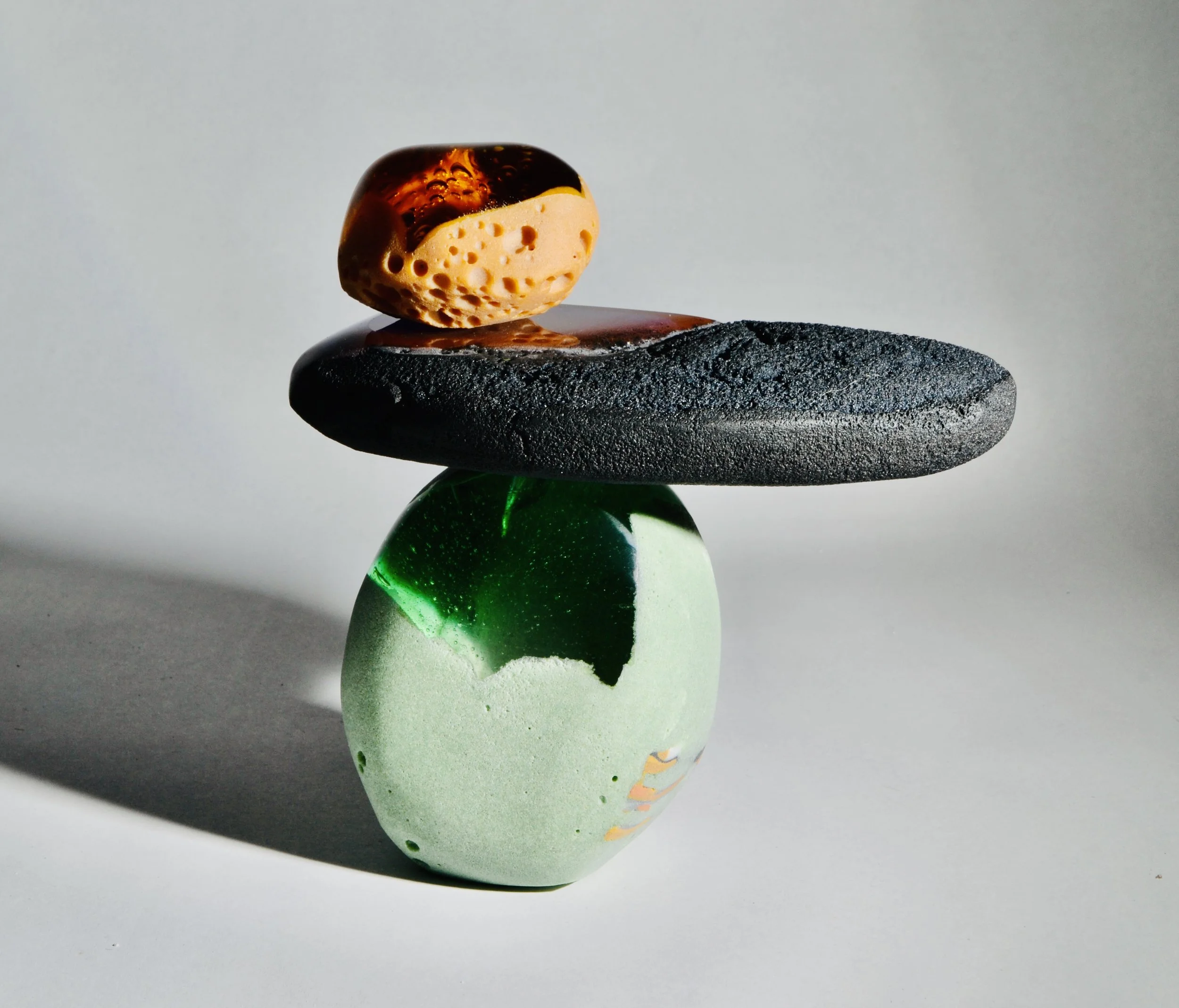 jo-anne-maire-cairn-emerald-amber-foam-glass-sculpture