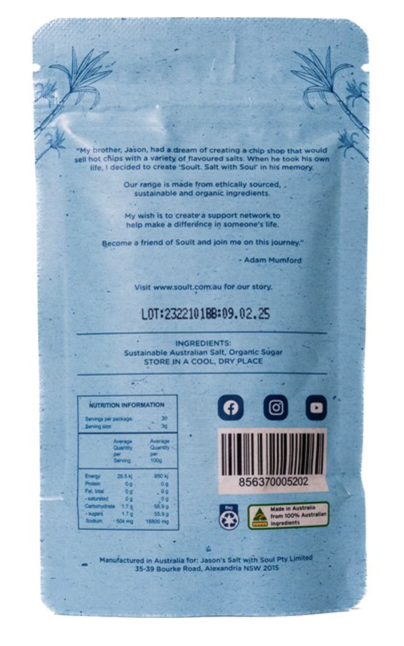 Back of a food product package with text describing the product's inspiration, ingredients, and nutritional information, along with social media icons, a barcode, and recycling and Australian-made labels.