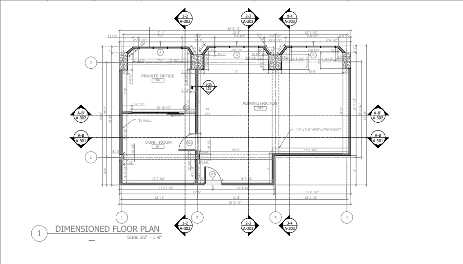A detailed architectural floor plan of a building with labeled rooms including private office, conference room, and administration area. It shows dimensions, wall placements, and construction details.