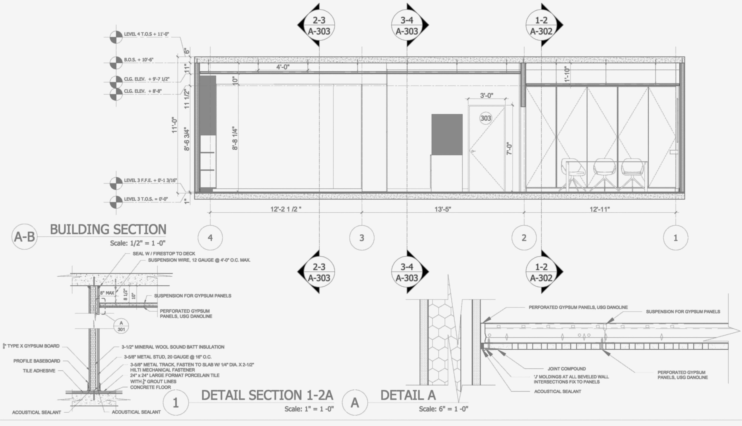 Architectural blueprint of building section showing measurements, construction details, and material specifications.