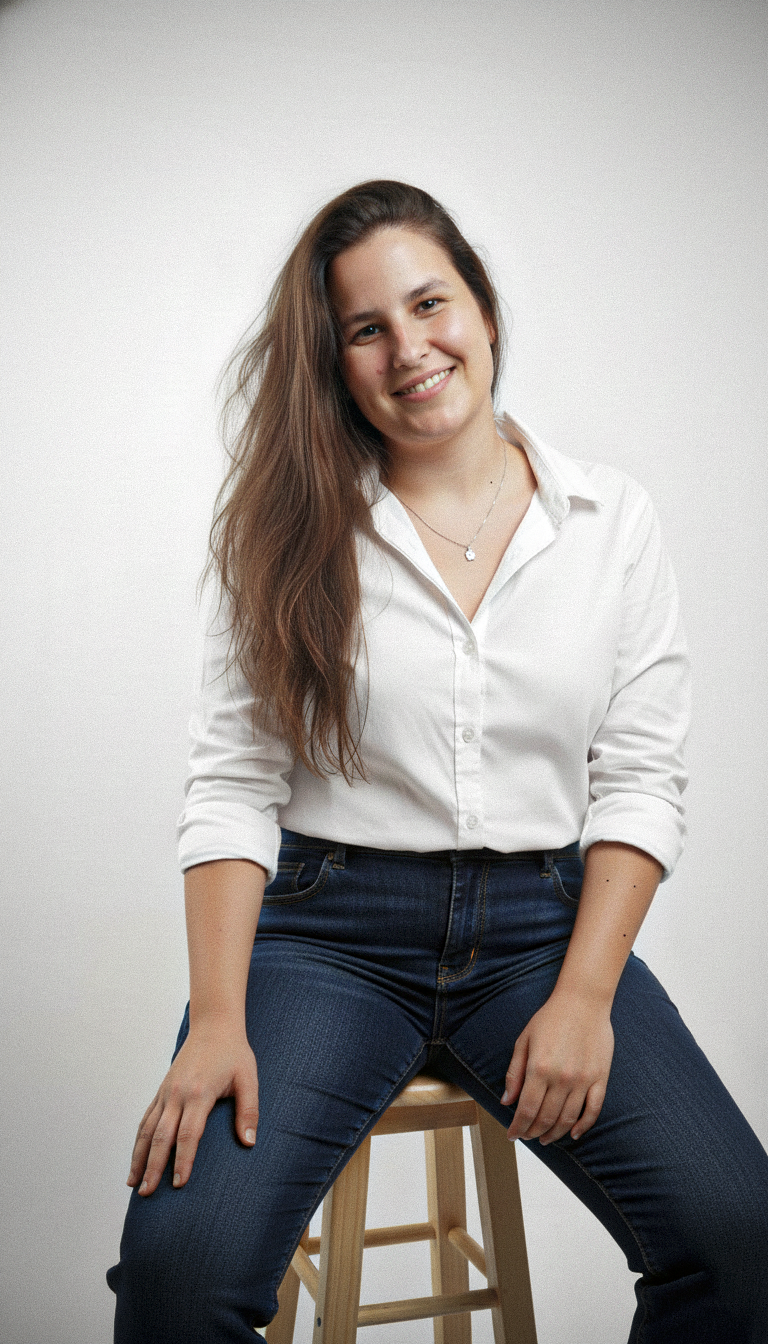 A young woman with long, wavy brown hair sitting on a wooden stool against a plain, light-colored background. She is smiling and wearing a white button-up shirt with rolled-up sleeves and dark blue jeans.