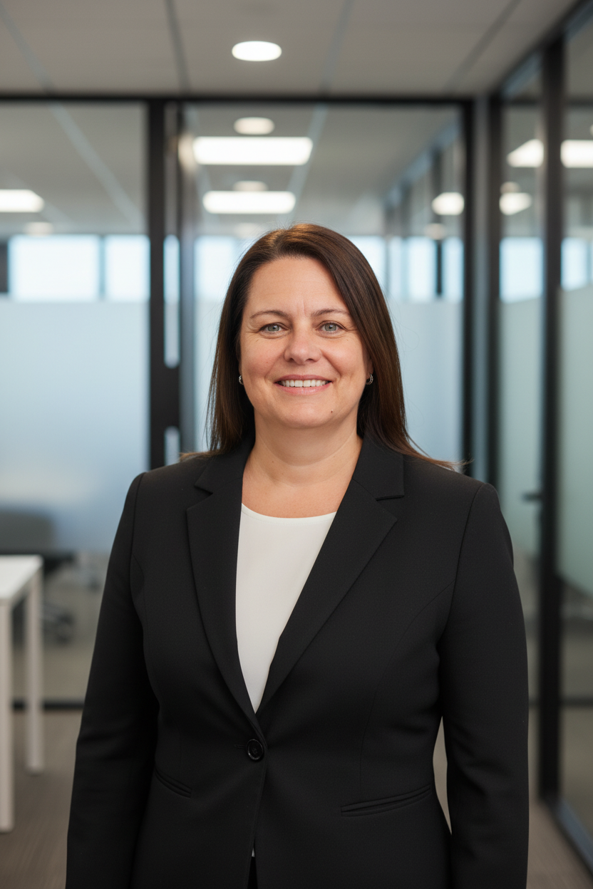 Professional woman with shoulder-length brown hair and a black blazer, smiling in a modern office setting with glass walls and ceiling lights.