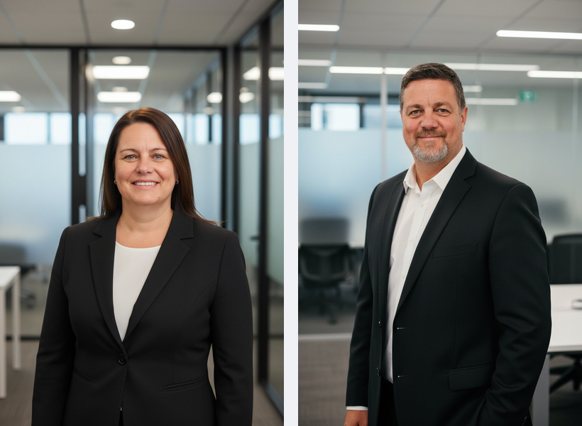Two professionals in business attire standing in modern office environments, smiling at the camera.