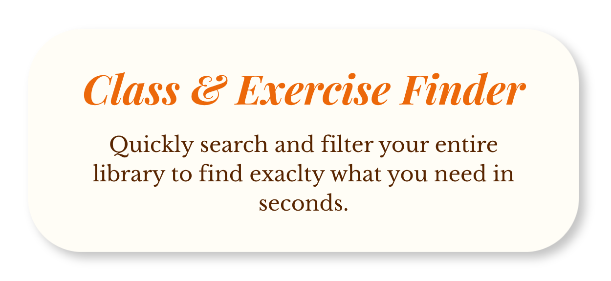 A promotional graphic for 'Class & Exercise Finder' with the title in orange and brown text, explaining it allows users to quickly search and filter a library to find what they need in seconds.