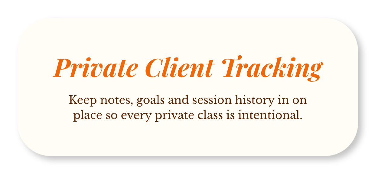 Slide with title 'Private Client Tracking' in orange bold font, and text encouraging keeping notes, goals, and session history in place for privacy.