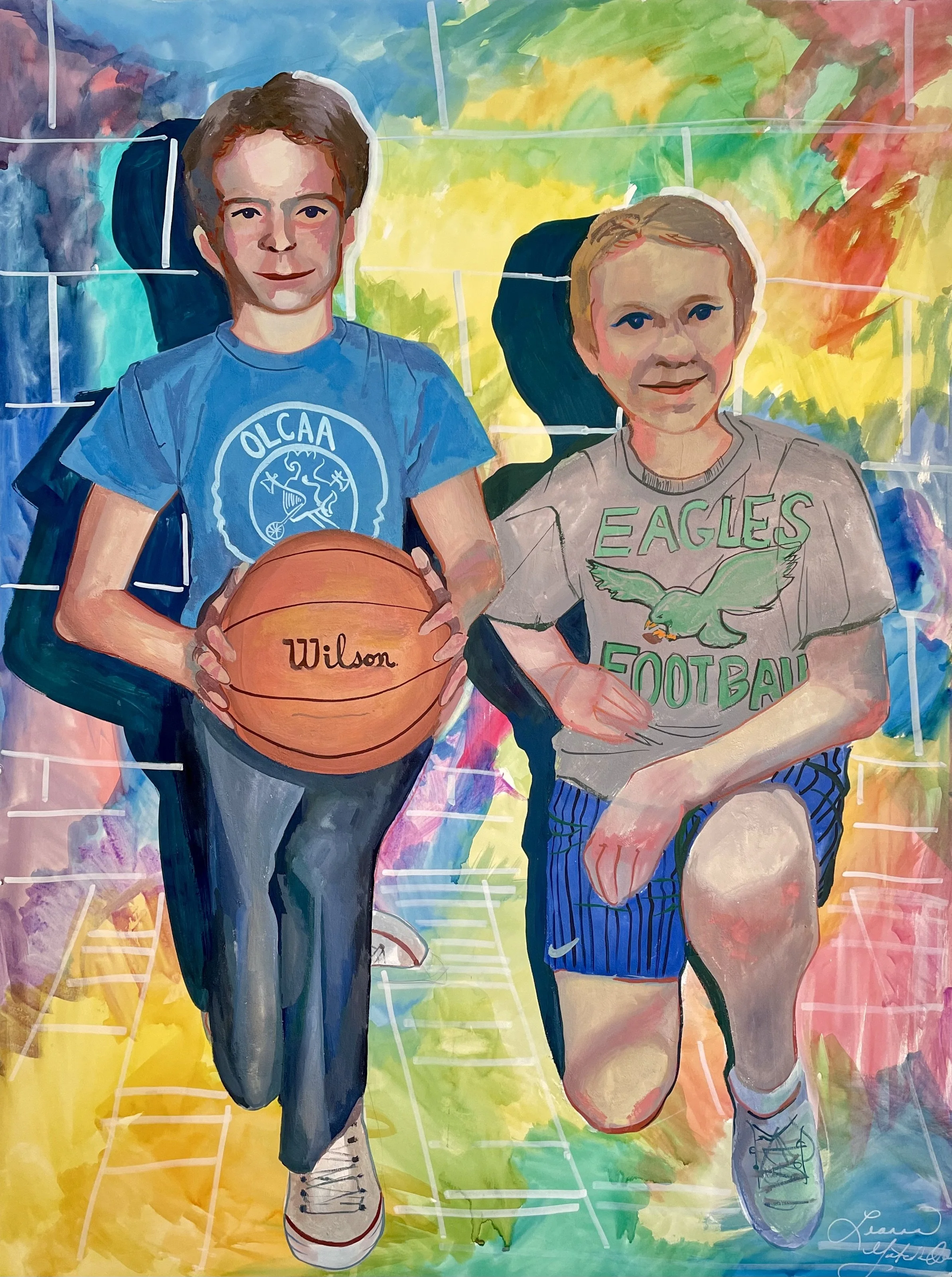 If my dad and I were grew up together, 2023 Gouache, Acrylic, and Modeling Paste  on Illustration Board
40 x 30 in.