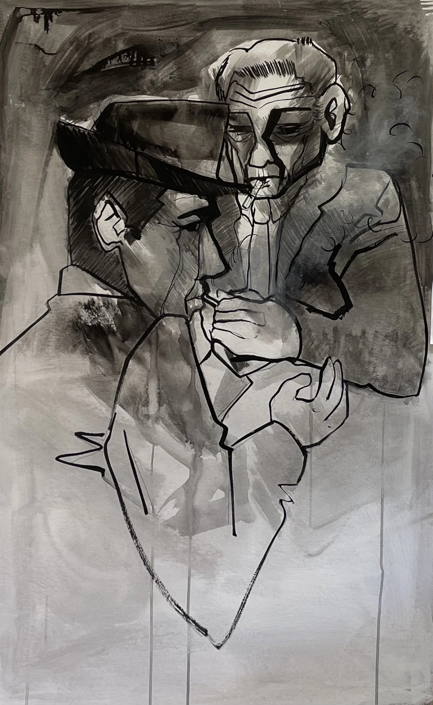 Two Detectives Sharing a Smoke, 2023
Ink and Gouache on Gessoed Chipboard
40 x 20 in.