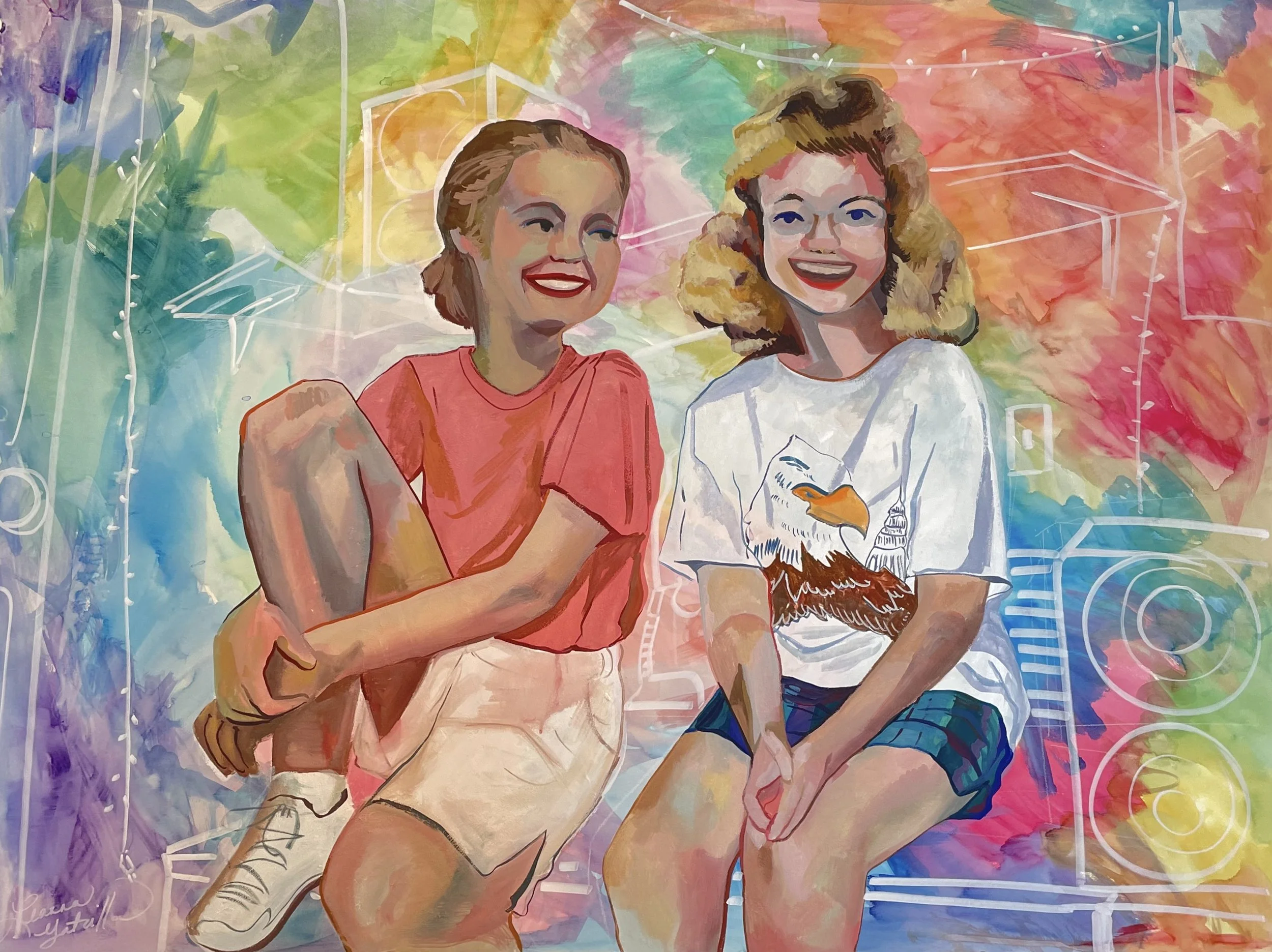 If my mom and I were in college together, 2023 Gouache, Acrylic, and Modeling Paste  on Illustration Board
30 x 40 in.