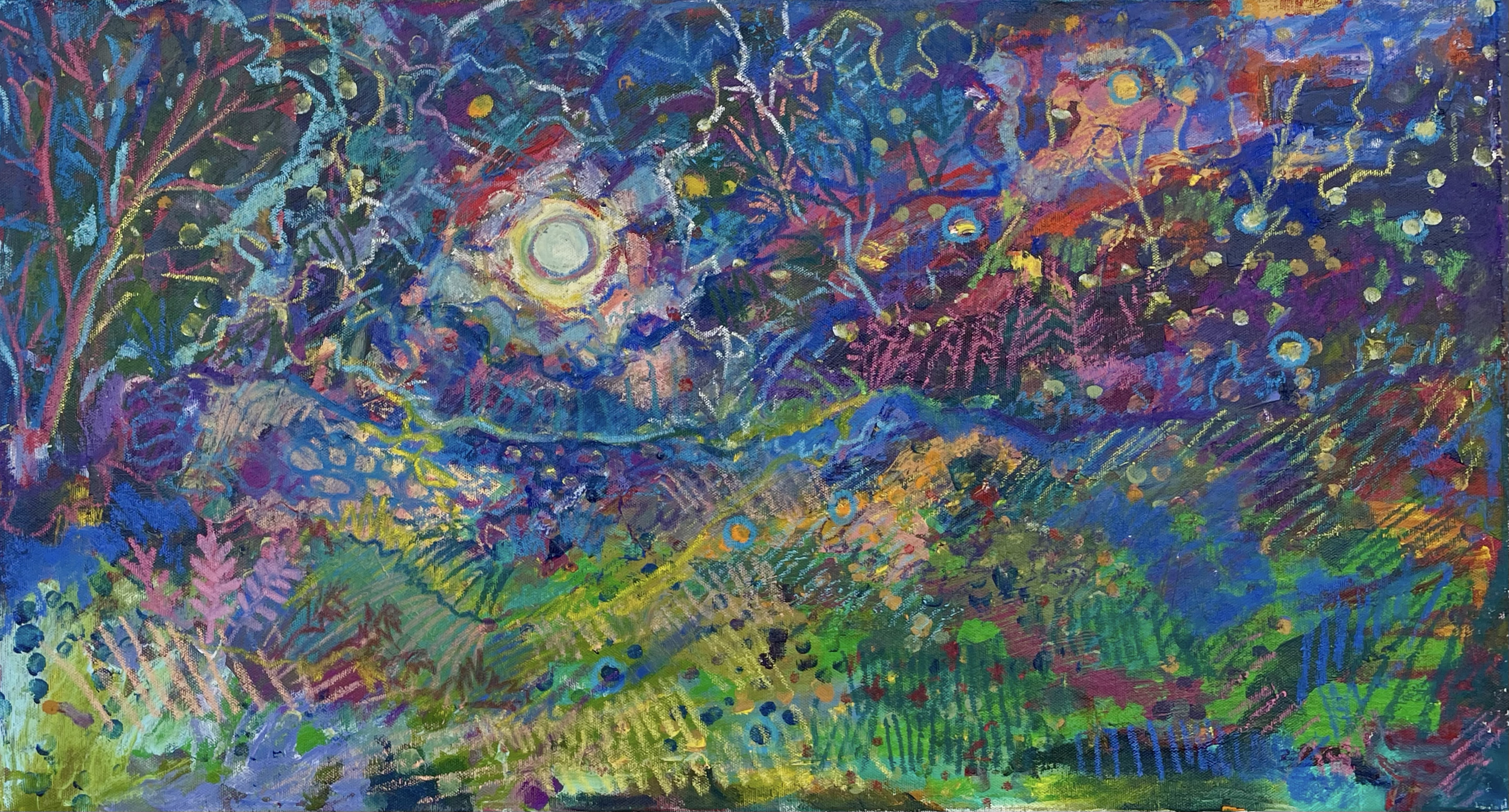 Evening at Meadowsweet, 2025
Acrylic and Oil Pastel on Unstretched Canvas Mounted on Wood
27.75 x 15.25 in.