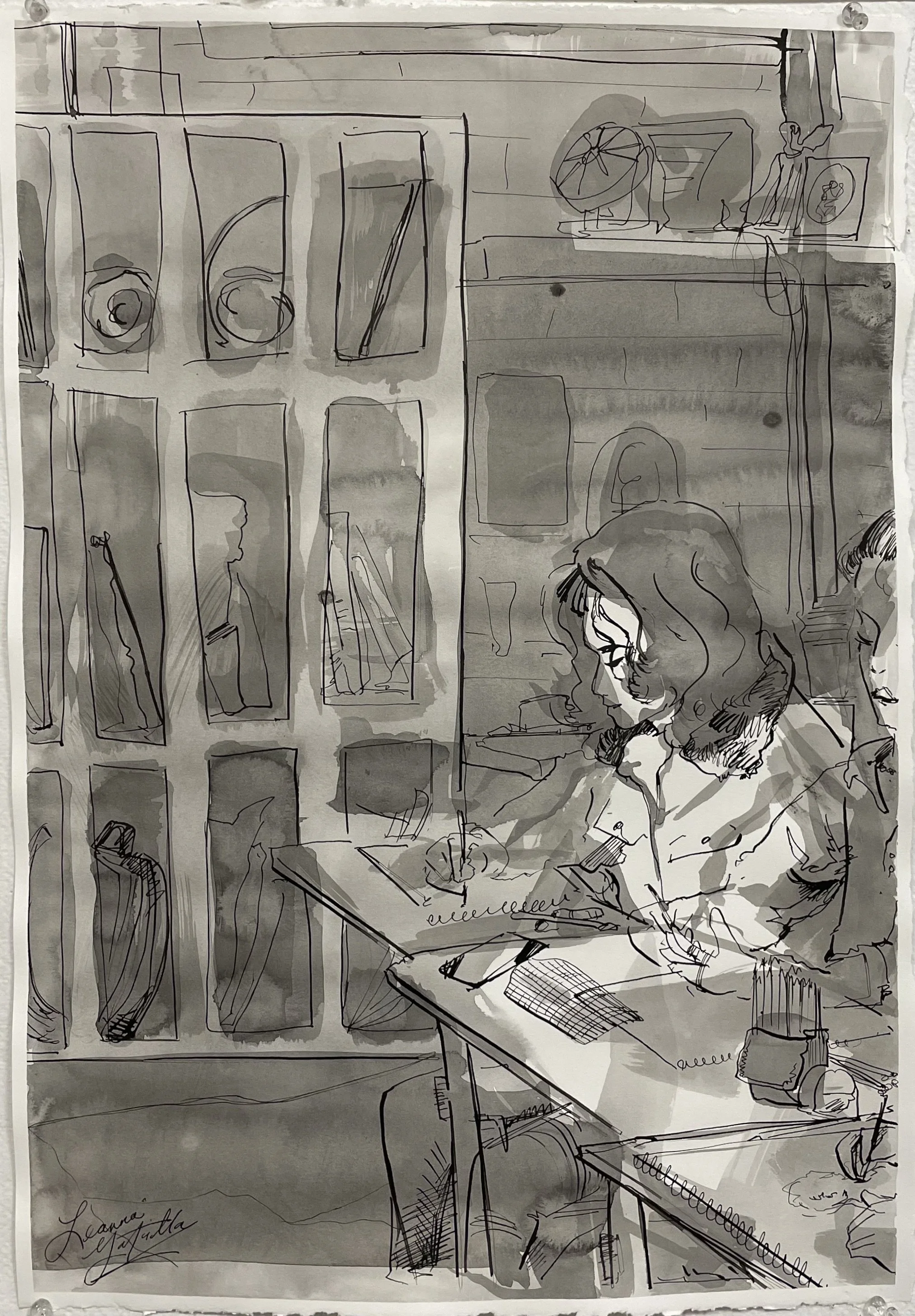 Ink Painting of Figure Drawing Class 2, 2023
Ink Wash and Ink Dip Pen on Rives BFK
18 x 12 in.