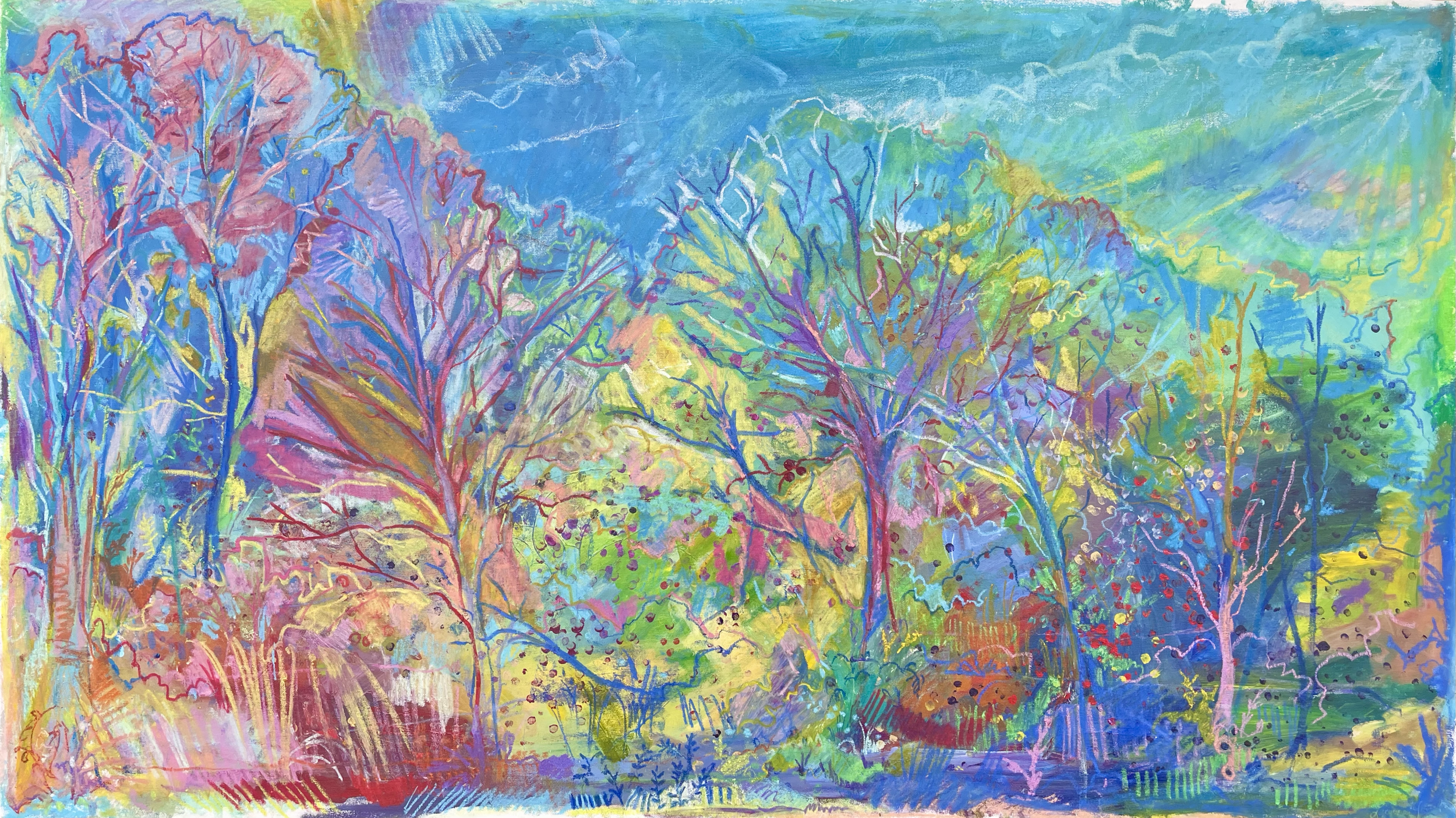 Pink Trees in Autumn, 2025
Acrylic and Oil Pastel on Unstretched Canvas Mounted on Wood
53 x 30.5 in. 