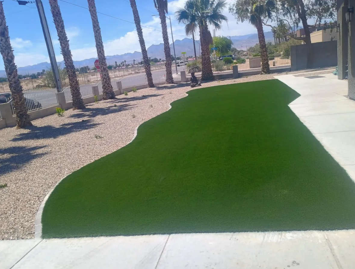 A yard with artificial grass on a concrete sidewalk, bordered by gravel and lined with palm trees in a sunny, desert-like area.