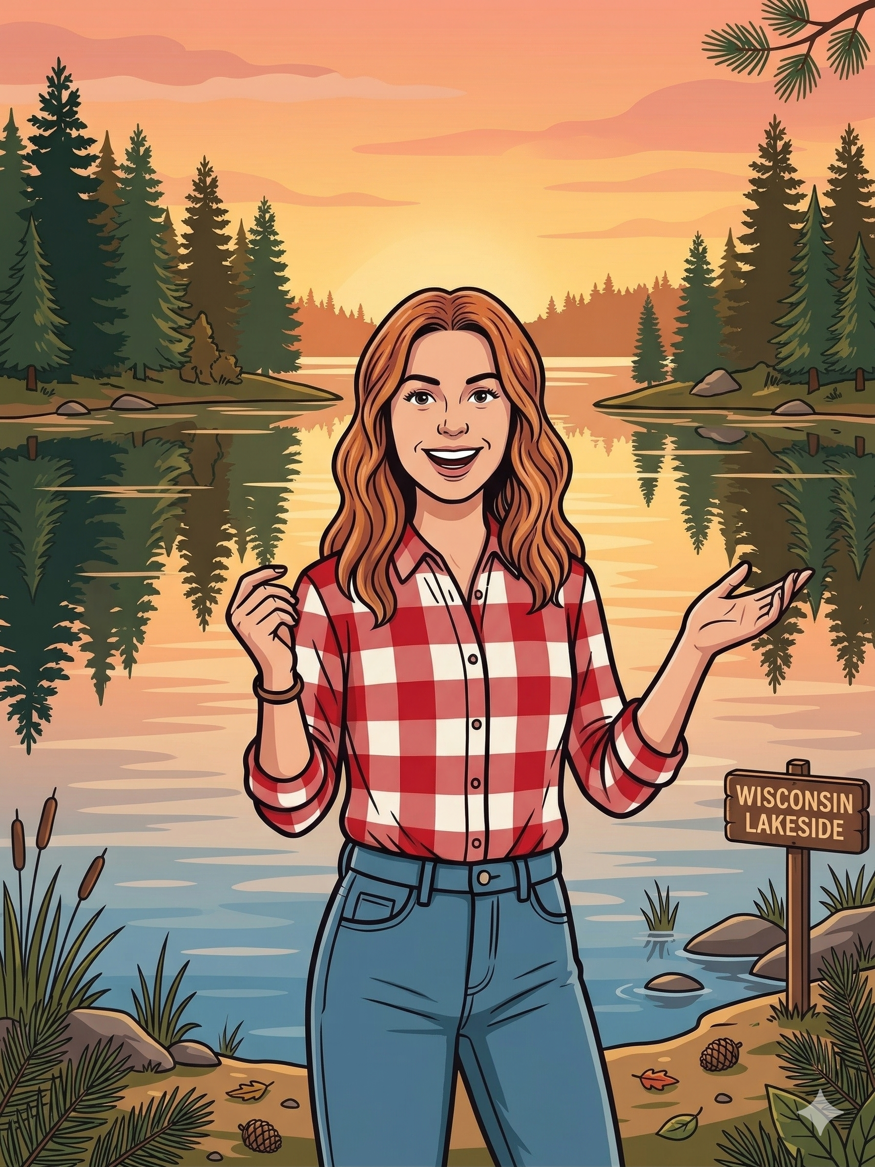 An illustrated woman with red hair wearing a red and white checkered shirt and jeans, standing by a lake at sunset in a forested area with a sign that reads 'Wisconsin Lakeside'.