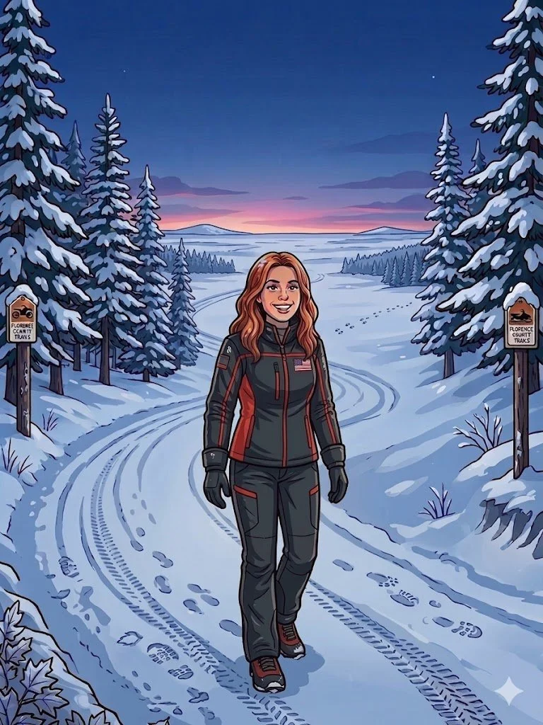 Digital illustration of a woman in outdoor winter gear walking through a snowy forest trail at sunset, surrounded by snow-covered pine trees with signs indicating it is a trail for Florence County Trails and Florence County Trask.