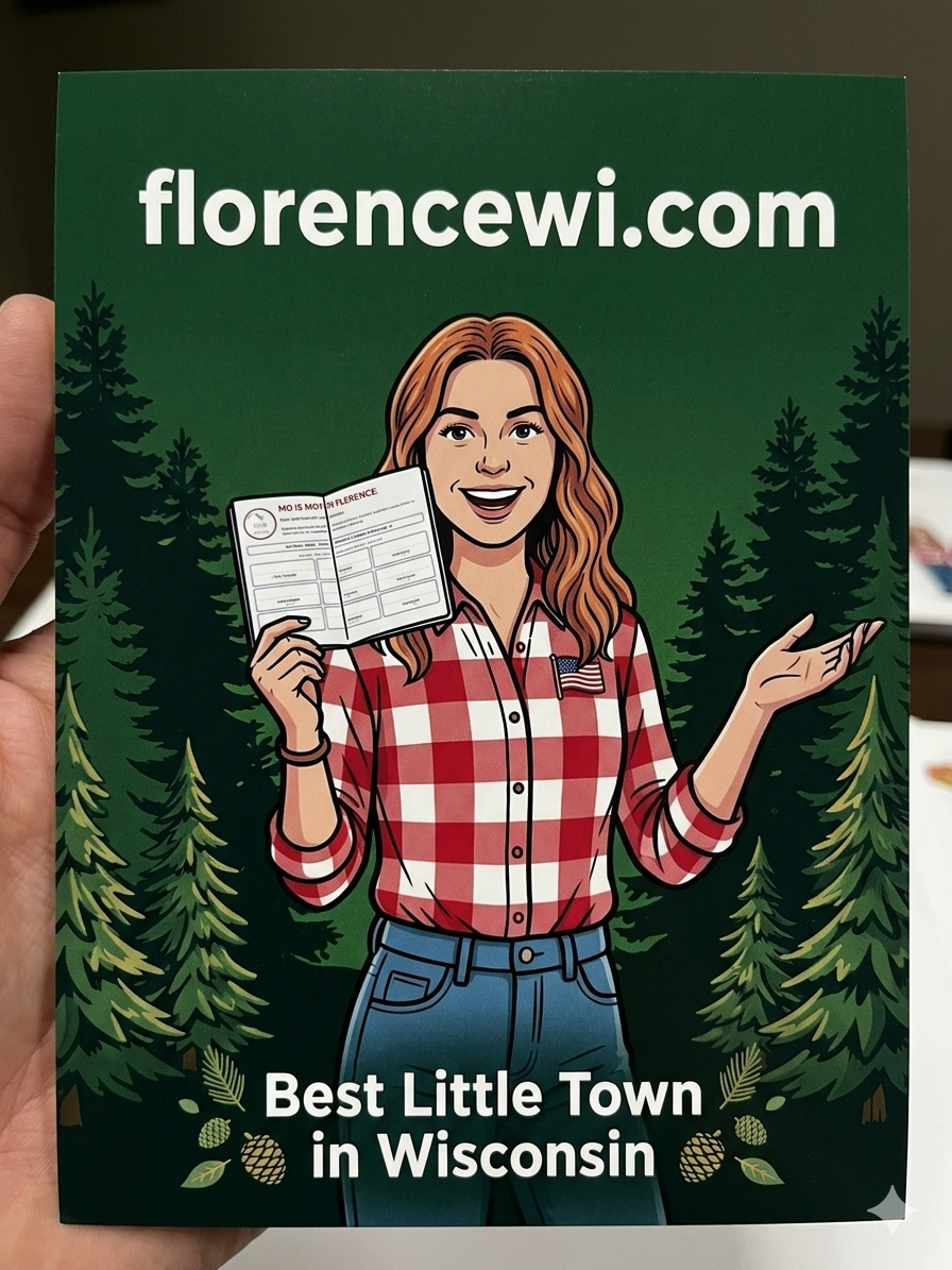 Illustration of a smiling woman with red hair in a plaid shirt holding a brochure, with a wooded background and pinecones. Text reads 'florencewi.com' and 'Best Little Town in Wisconsin'.