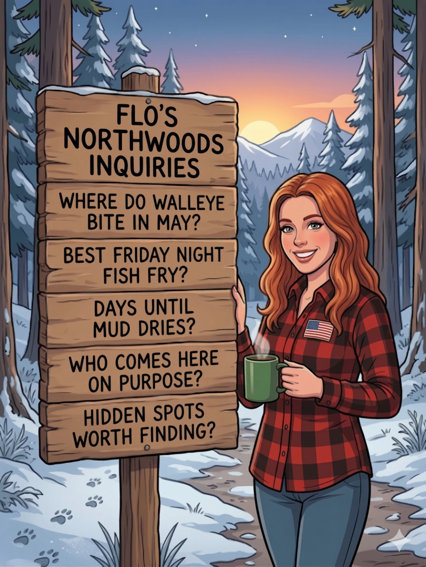 A woman with red hair, wearing a red and black plaid shirt with an American flag patch, stands outdoors in a snowy forest scene holding a steaming mug, beside a wooden sign with humor-themed inquiries about Northwoods activities.