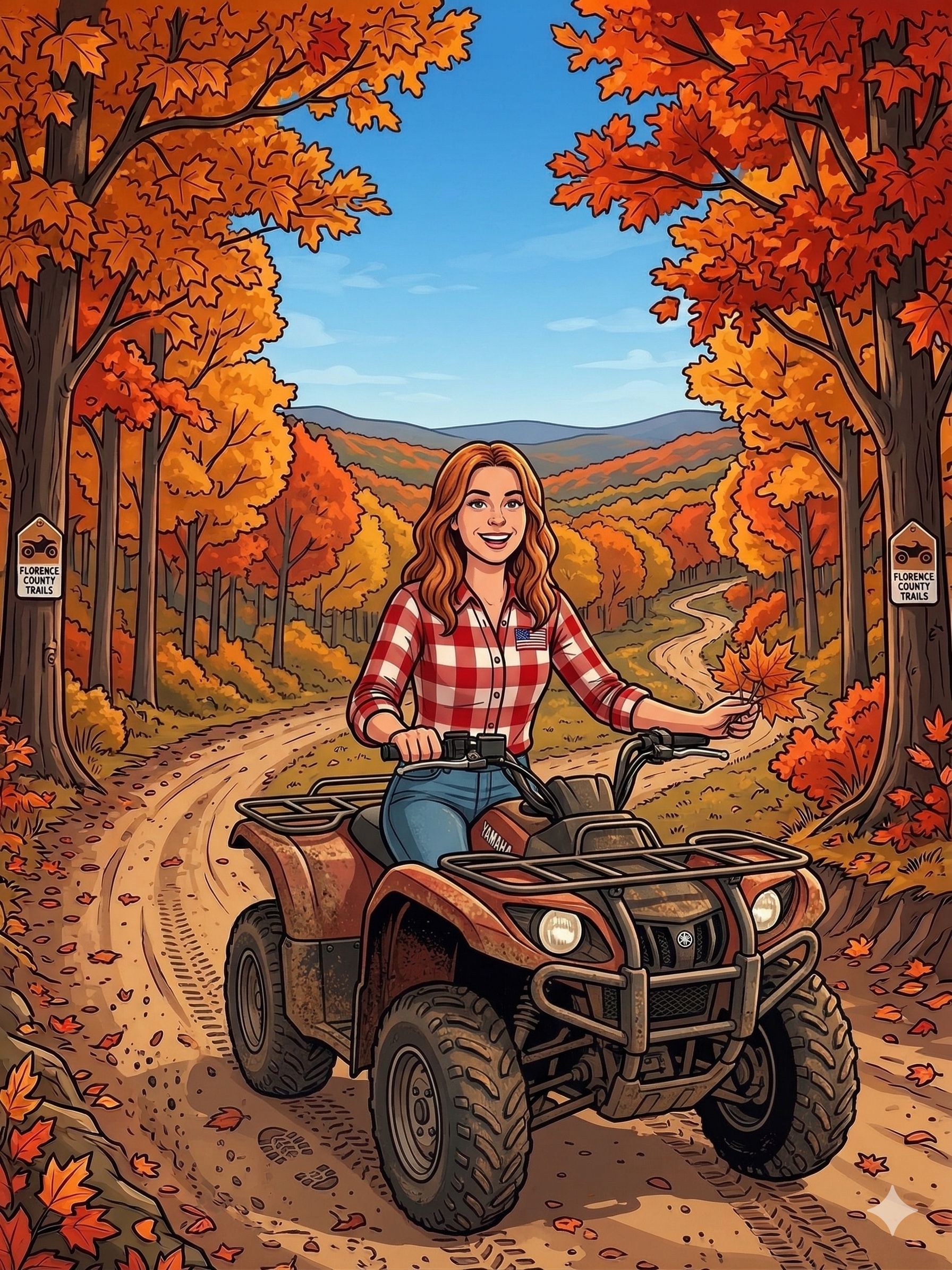 A woman riding a four-wheeler ATV on a dirt trail through an autumn forest with colorful orange and red leaves, mountains in the background, and signs on trees that read "Florence County Trails."