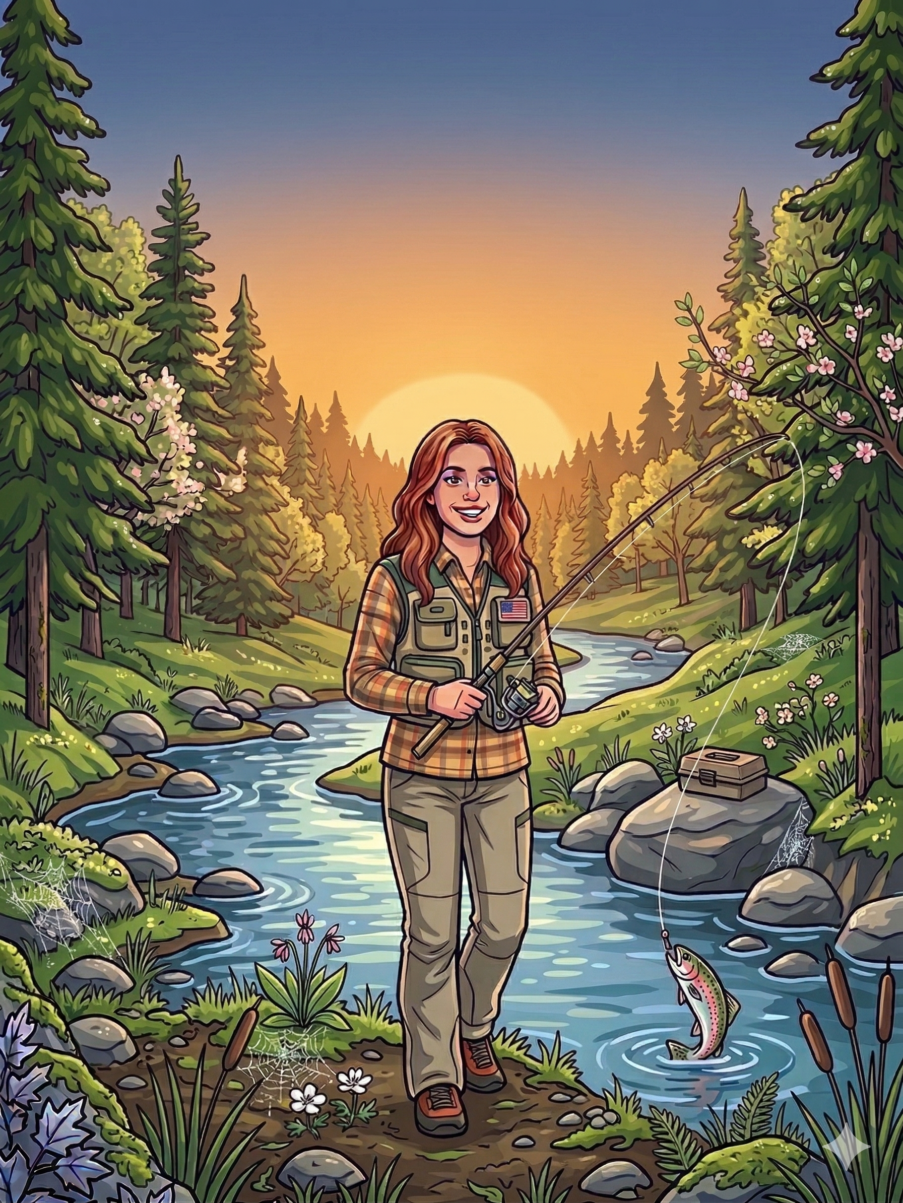 Illustration of a woman fishing in a stream during sunset, surrounded by lush green trees and flowers.