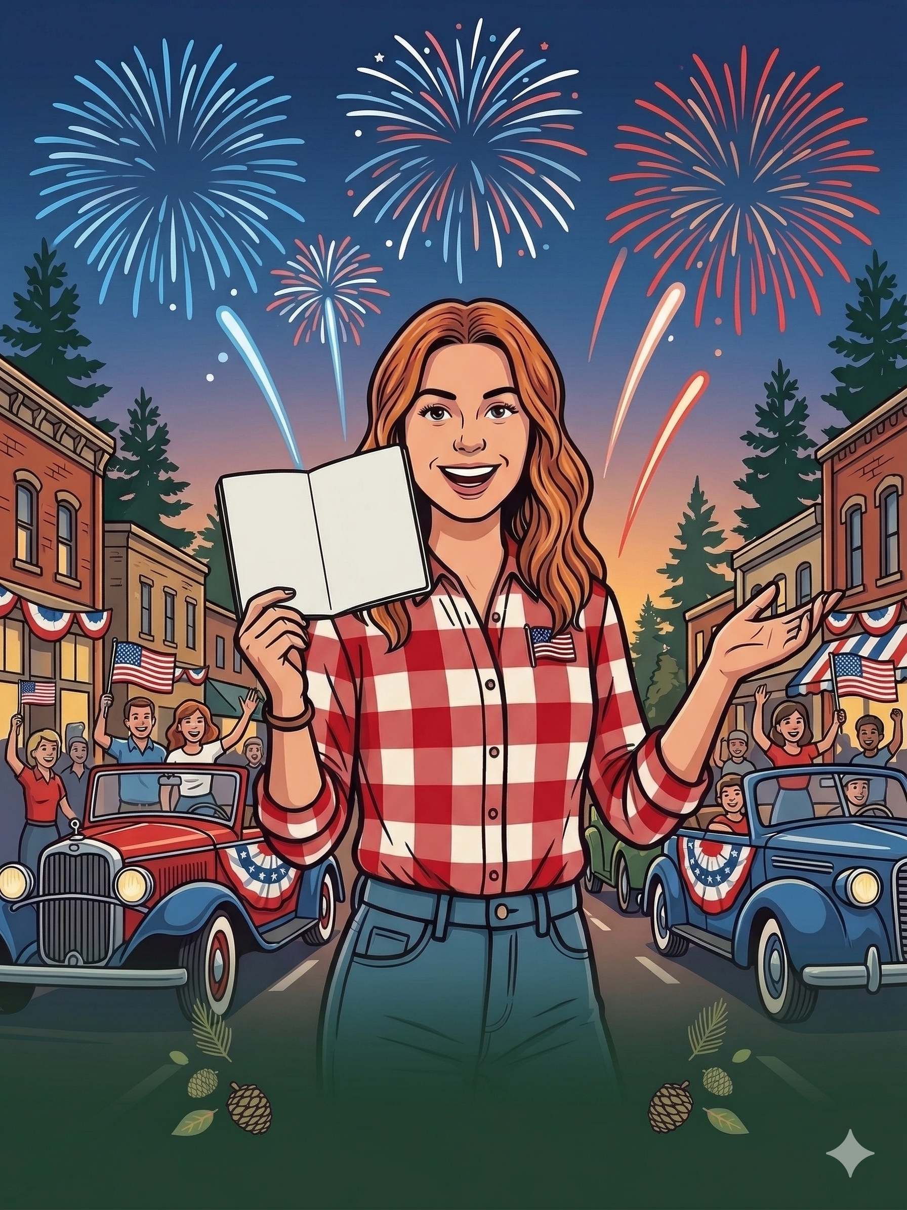 A woman with red hair wearing a red and white checkered shirt is celebrating Independence Day. She is standing in the middle of a parade with fireworks in the sky behind her, holding an open book or note. There are American flags, classic cars decorated with patriotic bunting, and people cheering along the street.