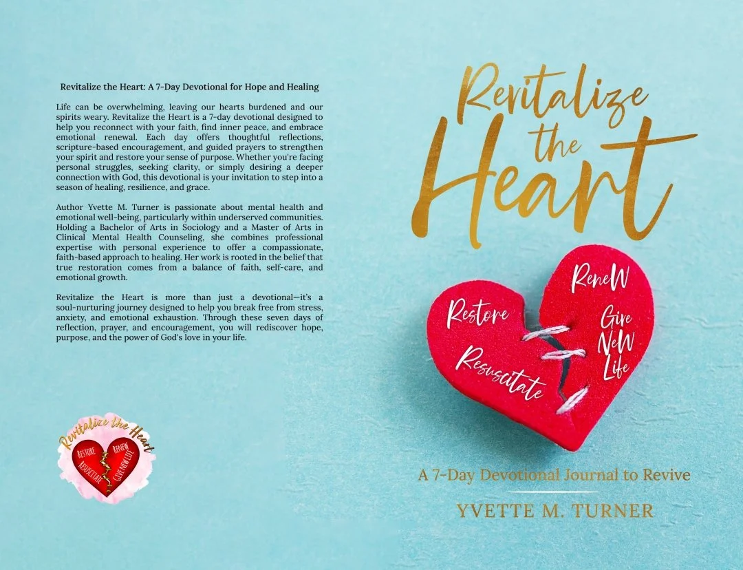 A book titled 'Rentalize the Heart' with a cracked red heart graphic and the words 'Restore, Resuscitate, Give New Life' written around it. The book cover has a light blue background and gold cursive text. Inside the book, there is a preface and author's bio in black text on a white background.