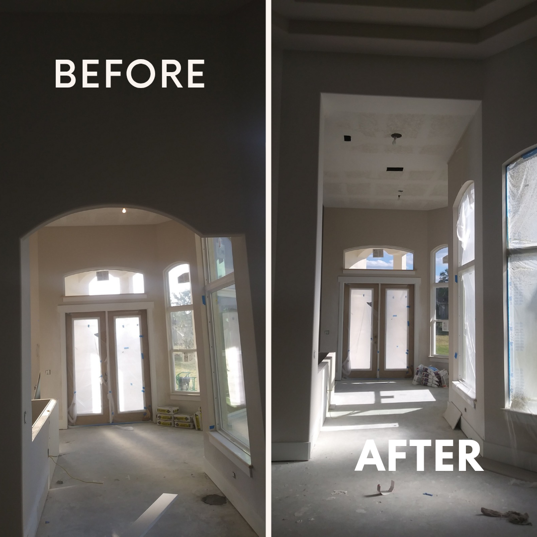 Comparison of a room before and after renovation: the 'before' side shows an unfinished room with a dark ceiling and construction materials, while the 'after' side shows a bright, completed room with painted walls, a finished ceiling, and sunlight streaming through the windows.