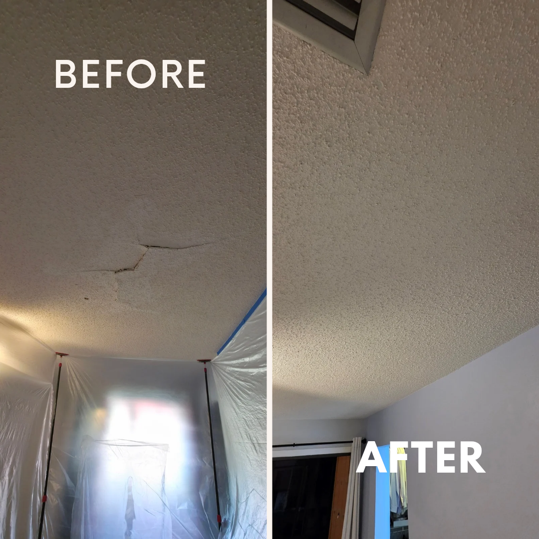 Comparison of a ceiling before and after repair, with a large crack fixed and surface smoothed, with the 'before' side showing a large crack and the 'after' side showing a smooth ceiling.