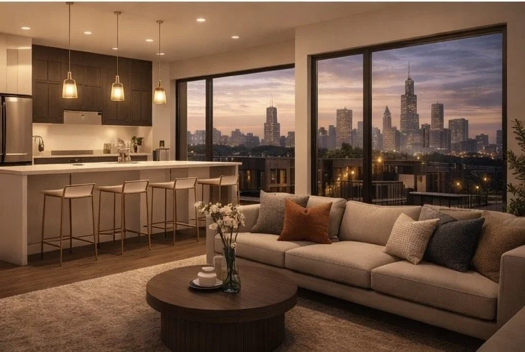 Living room with a beige sofa, colorful pillows, and a round coffee table with flowers, overlooking a city skyline through large windows at sunset.