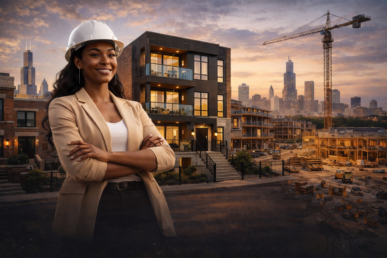 A smiling woman wearing a beige blazer, white shirt, and white safety helmet stands with crossed arms in front of a construction site with modern buildings and a city skyline during sunset.