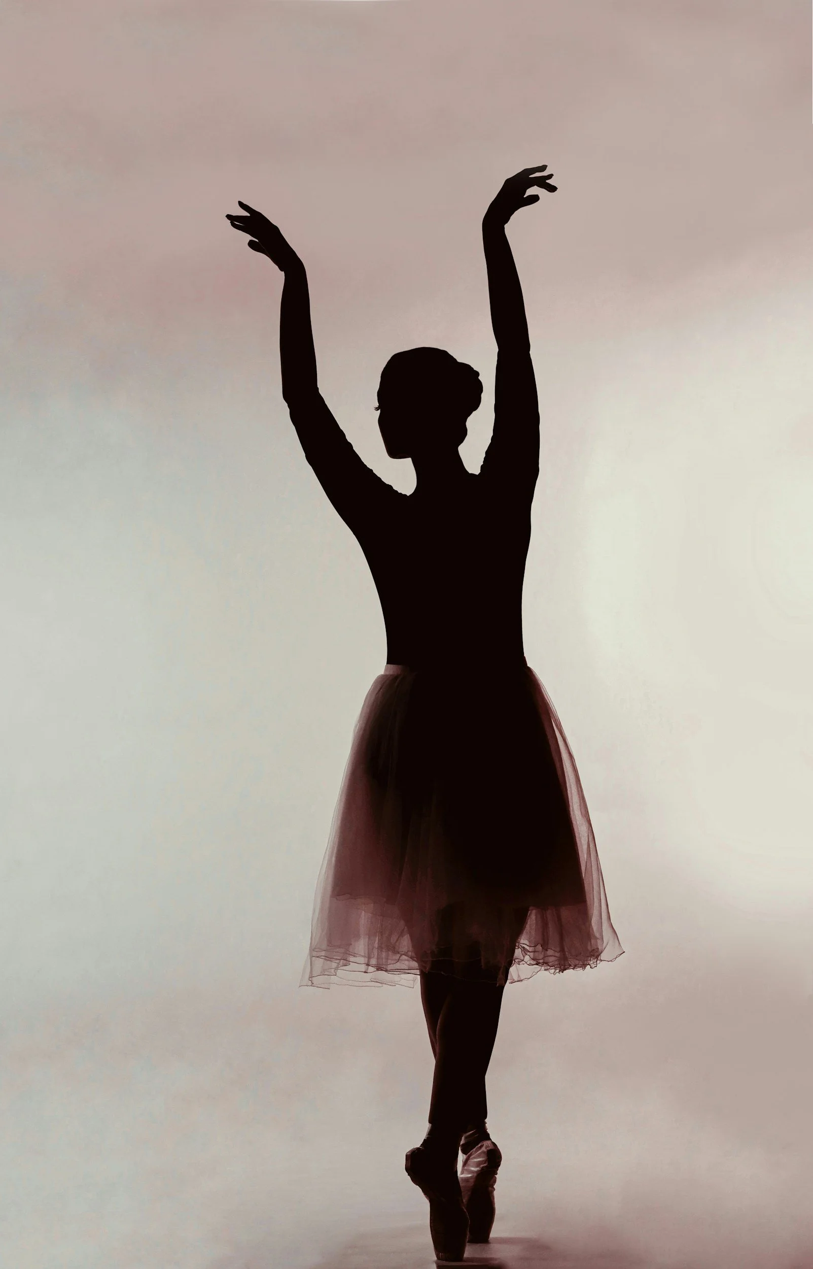 Silhouette of a ballet dancer in a tutu, standing on pointe with arms raised, against a gradient background.
