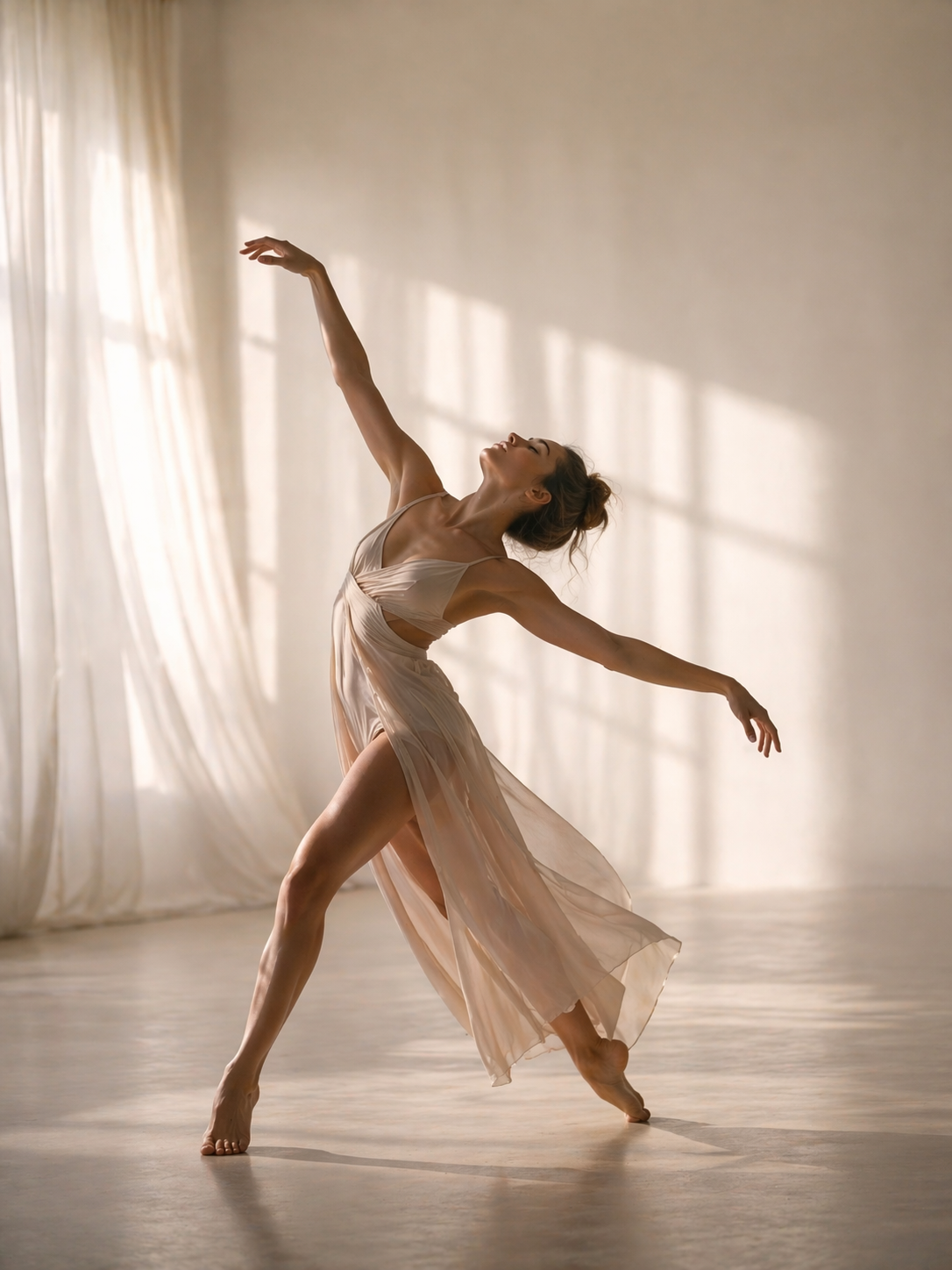 A woman in a beige dress dancing in a sunlit studio with curtains and shadows on the wall.
