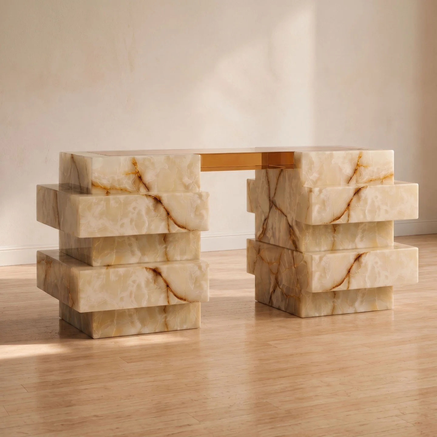 DELPHINE CONSOLE.⁠
⁠
Part of Alchemy, a new furniture collaboration between Samantha Gallacher of Art + Loom and Ana&iuml;s Fillau of Manifeste &Eacute;dition, Delphine stacks richly veined stone into two architectural bases, then bridges them with a