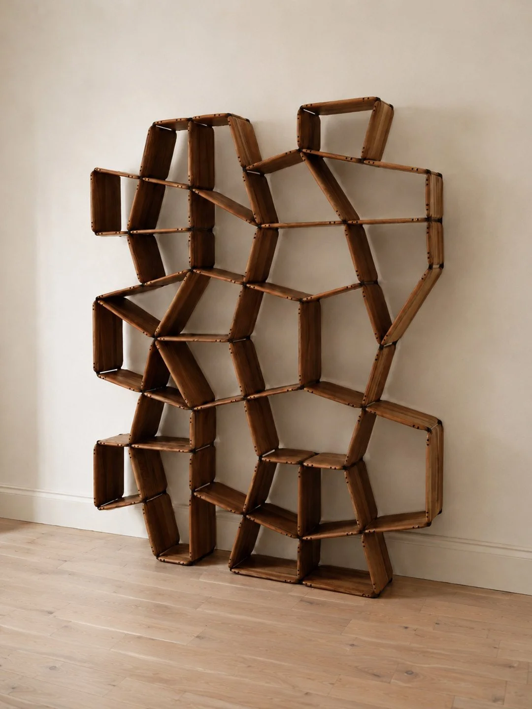 SCRUMBLE BOOKCASE. ⁠
⁠
Franck Genser&rsquo;s Scrumble Bookcase takes the logic of a grid and deliberately knocks it off course. A network of irregular pentagonal cells locks together into an open, improvised structure&mdash;part shelving, part sculpt
