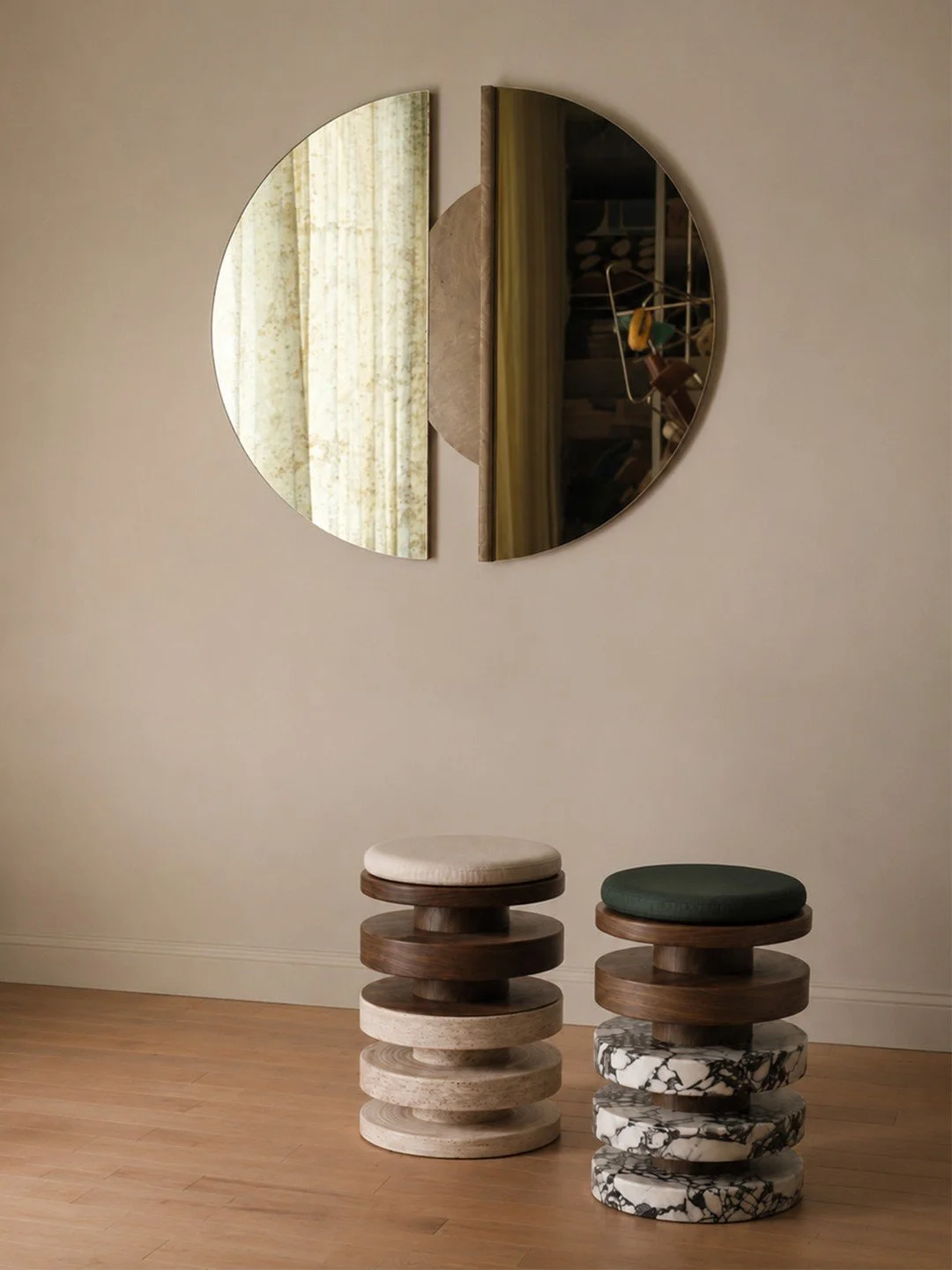 ODETTE MIRROR + CELESTE STOOLS. Repetition does the heavy lifting here. Our Odette Mirror with Parts + Assembly breaks a perfect circle into layered planes of polished antique glass and marble, while the Celeste Stools from Art + Loom x Manifeste &Ea