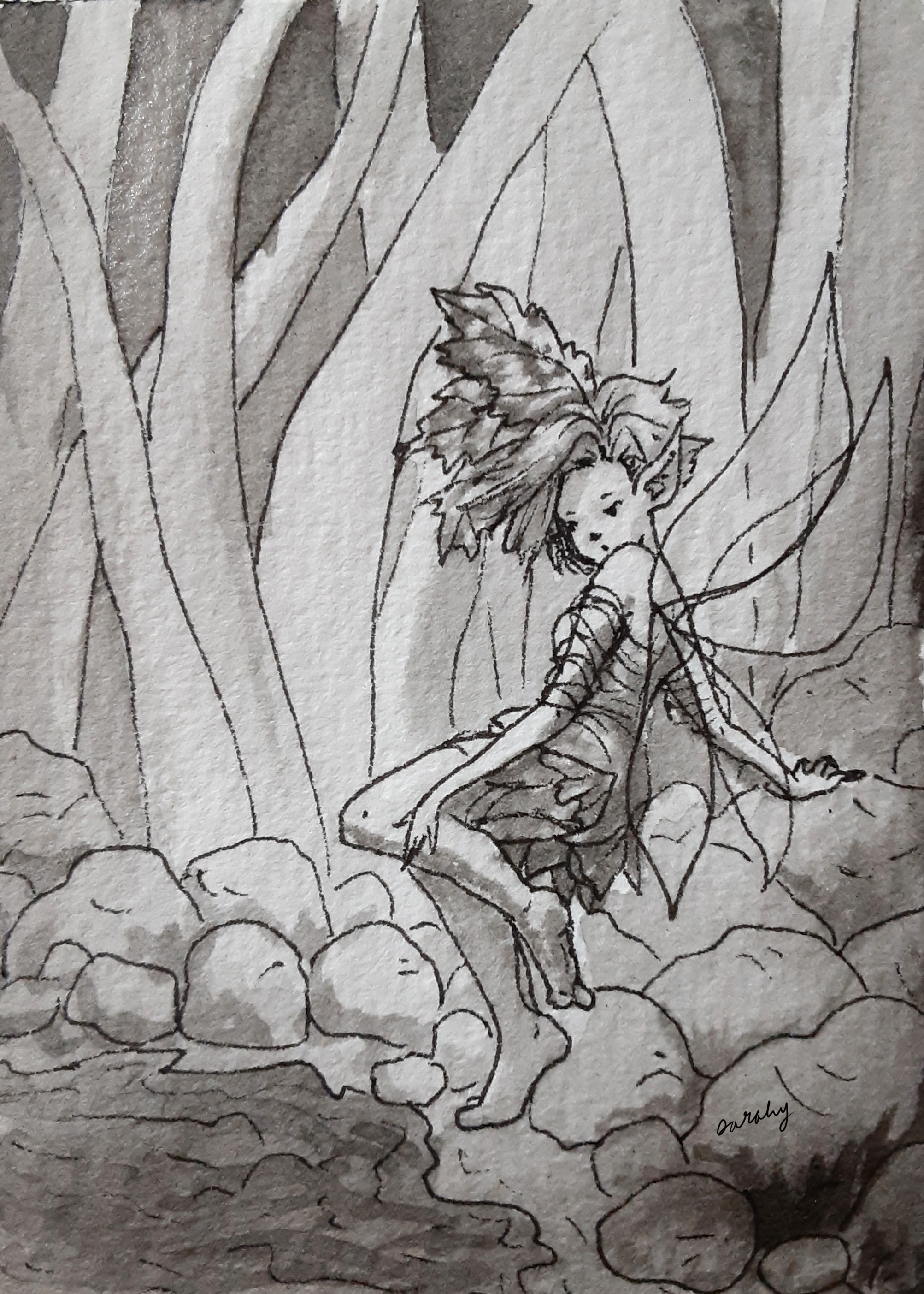 Ink wash drawing of a woodland fairy washing mud from her leg at a puddle
