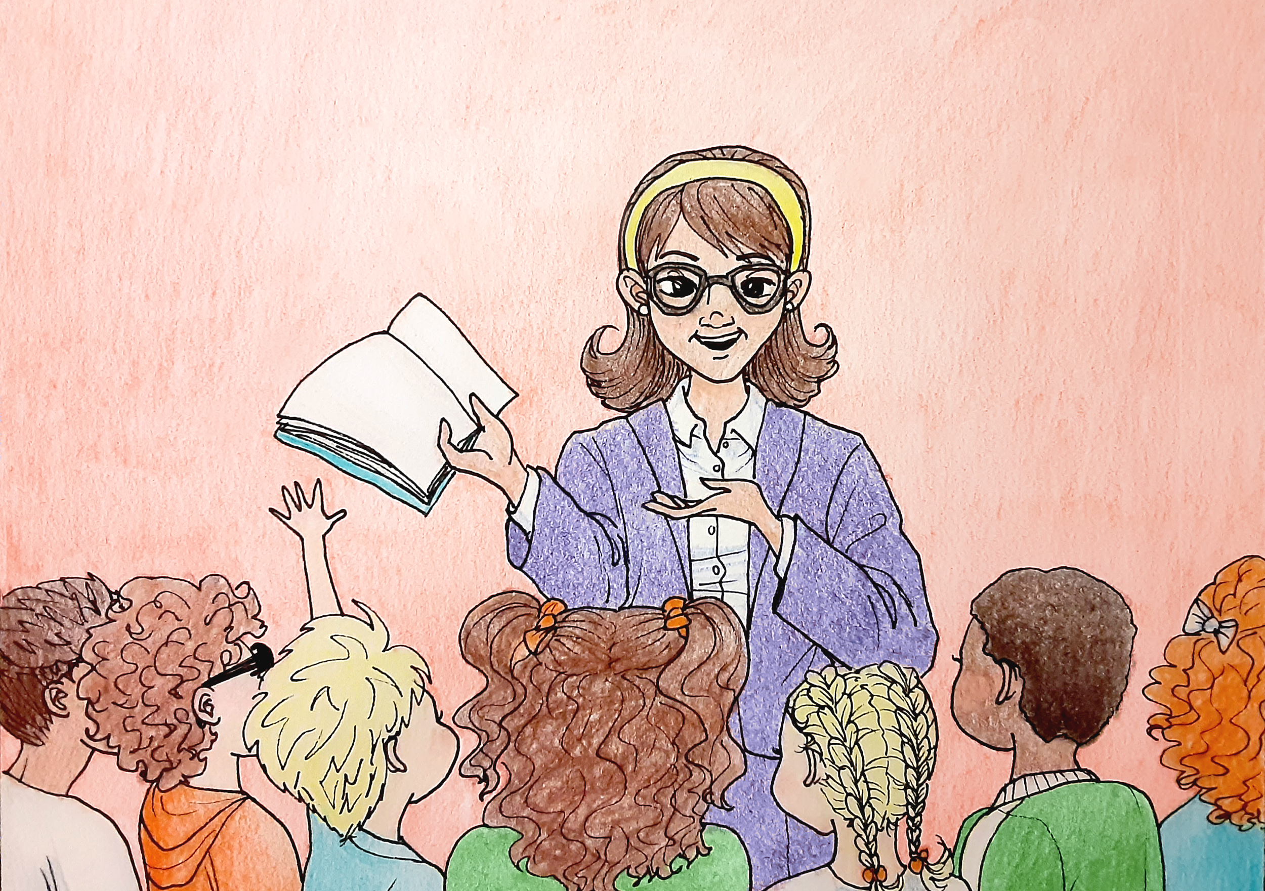 Illustration featuring a group of children excitedly gathering around a woman author to hear about the book she holds