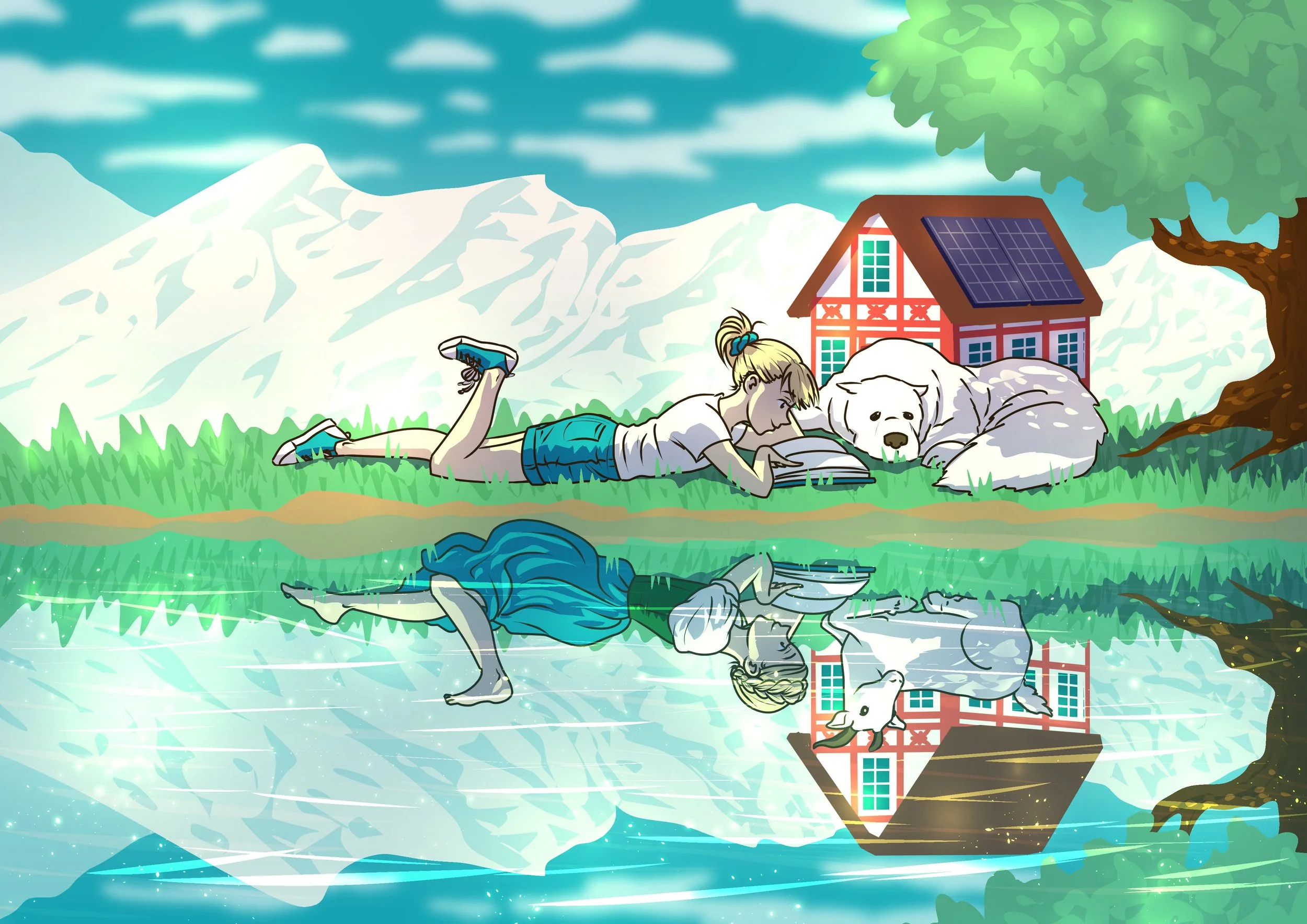 Editorial illustraton featuring a modern blonde girl reading next to a lake with her dog, the Alps and a traditional ski lodge in the background. The reflection shows another girl in the same reading posture, but with a goat, her attire old-fashioned