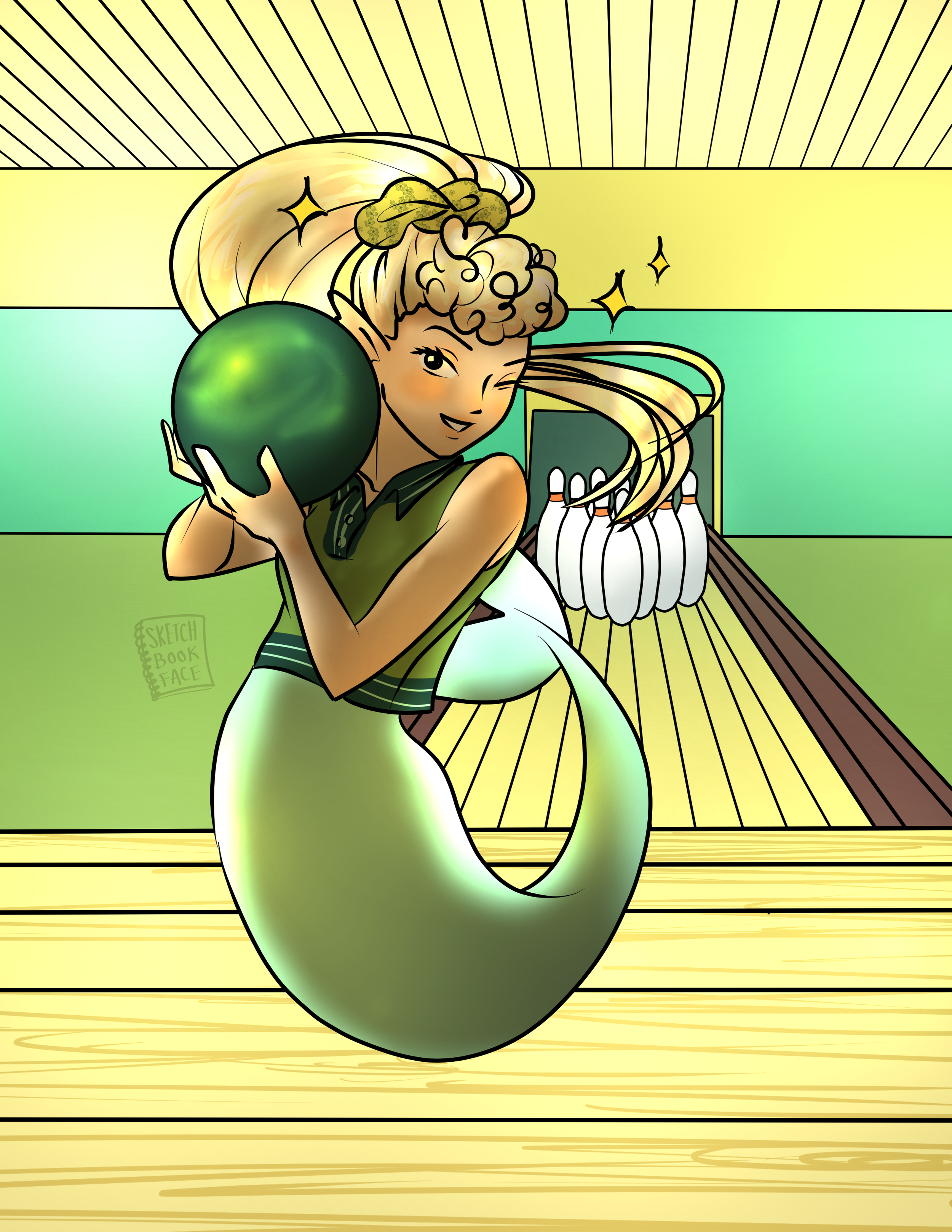 A mermaid with a green tail and a green shirt holds a bowling ball next to her winking face. Her blonde hair is done in an 80's style high pontail with a scrunchie and fluffy bangs. The bowling pins wait in the background.