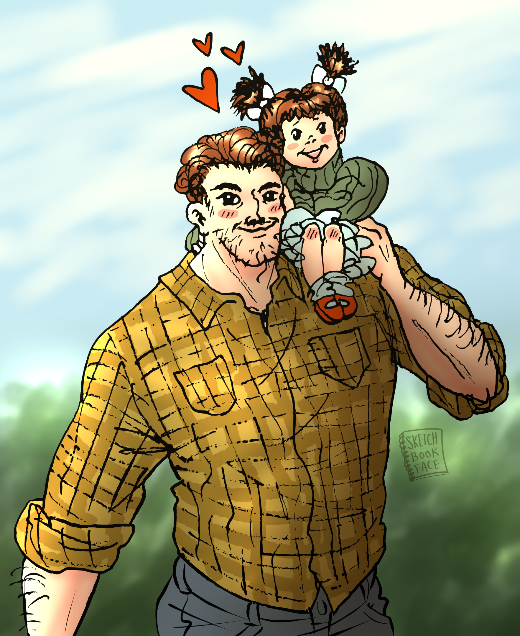 A lumberjack holds his small daughter on his shoulder. His plaid shirt is yellow, and she is wearing a green turtle-neck sweater, blue skirt, and red shoes. Her hair is in two pigtails with bows.