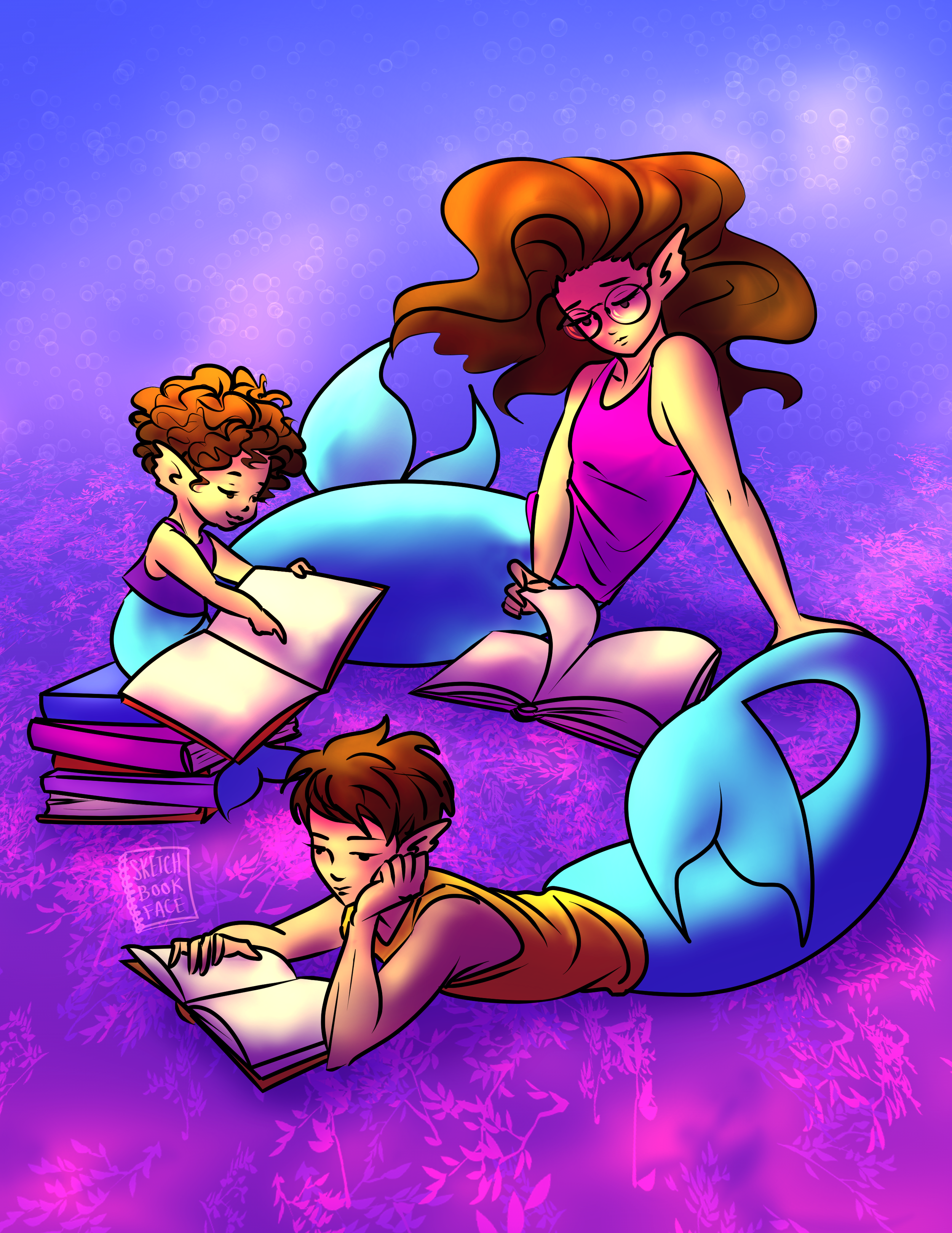 Three mermaid children of different ages reading books