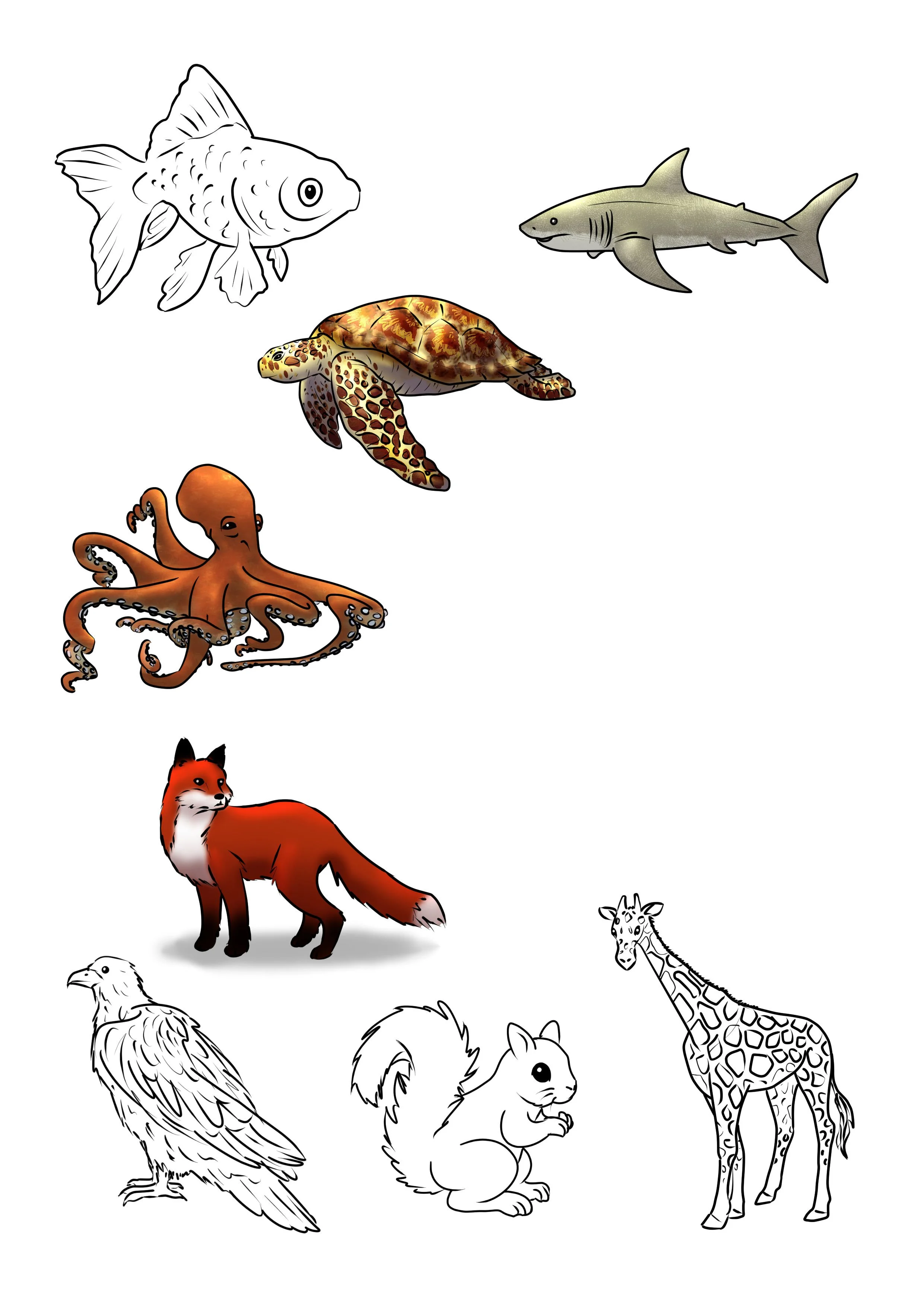 A variety of spot illustration graphics created for Getting Into German kids' language courses, featuring different animals, some in line work only, others in color
