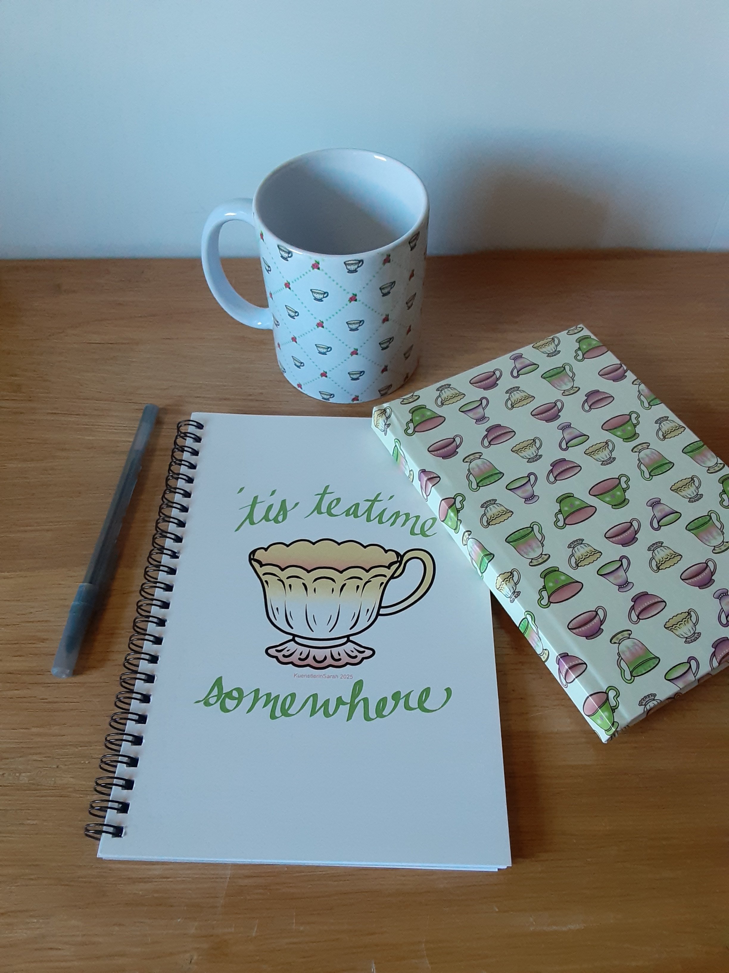teacup surface pattern design product shot - mug, notebook, sketchbook