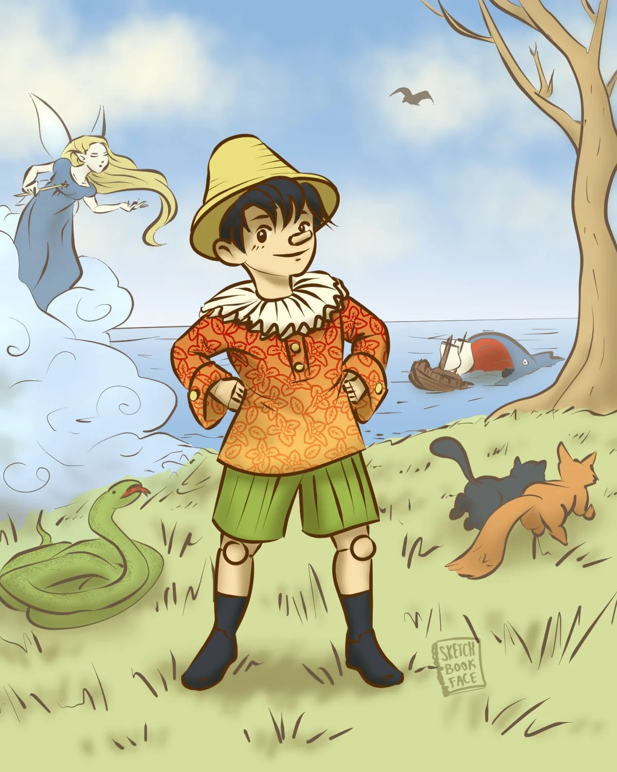 Classic fairy tale Pinocchio illustration, shows a wooden boy in straw hat, orange shirt with ruffle collar, green short pants, and boots. In the background are the Blue Fairy, a snake, a fox and a cat, and a whale swallowing a ship.