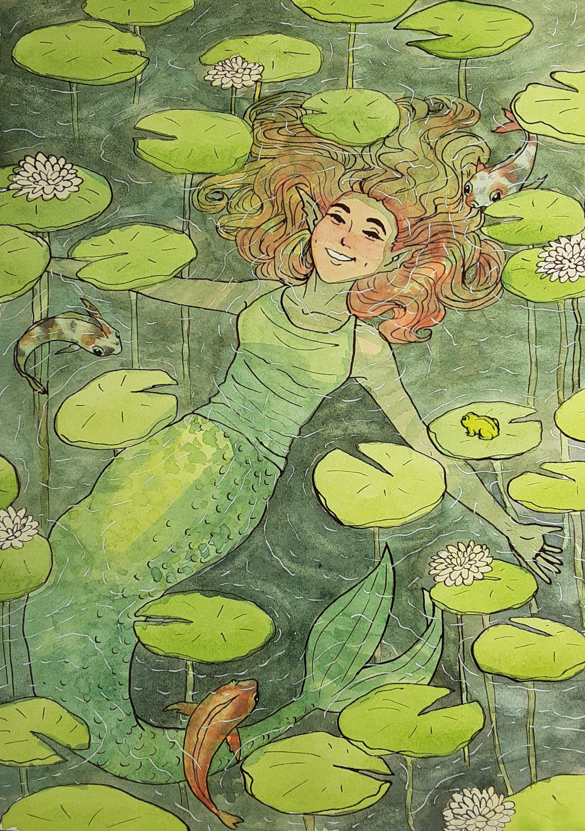 Watercolor and ink illustration of a red-headed mermaid relaxing in a lily pond with koi fish and a frog