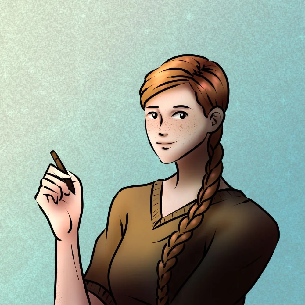A self-portrait drawing of the artist with a long braid holding her pen