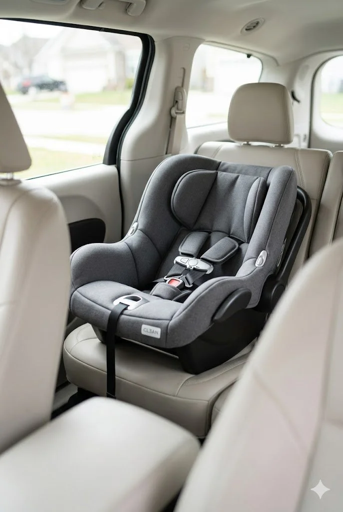 Child car seat installed in the back seat of a vehicle with beige interior and large windows showing a suburban neighborhood.