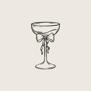 Illustration of a champagne coupe glass with a bow tied around the stem.
