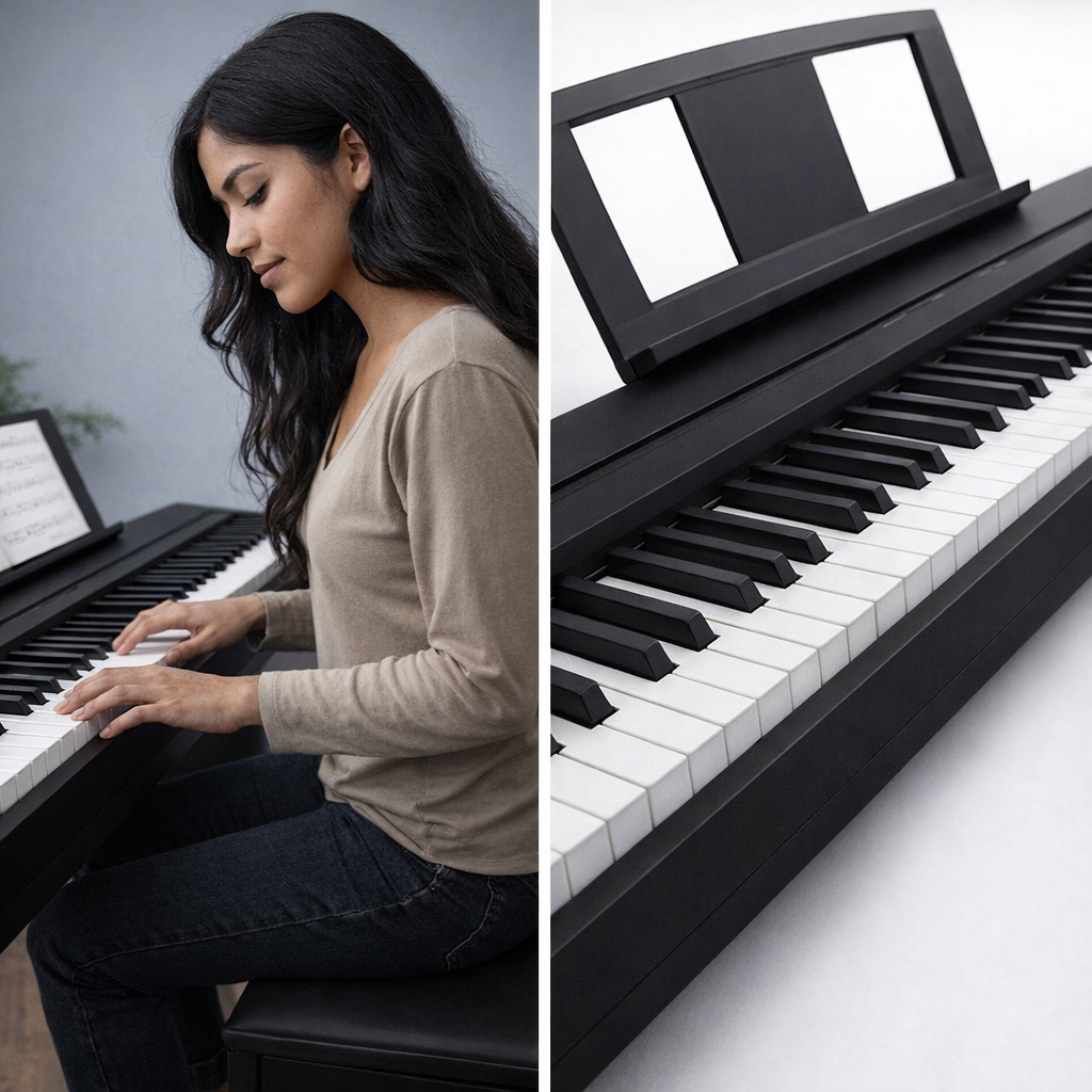 Piano Digital Yamaha P45 con pedal, soporte, banqueta y cobertor.