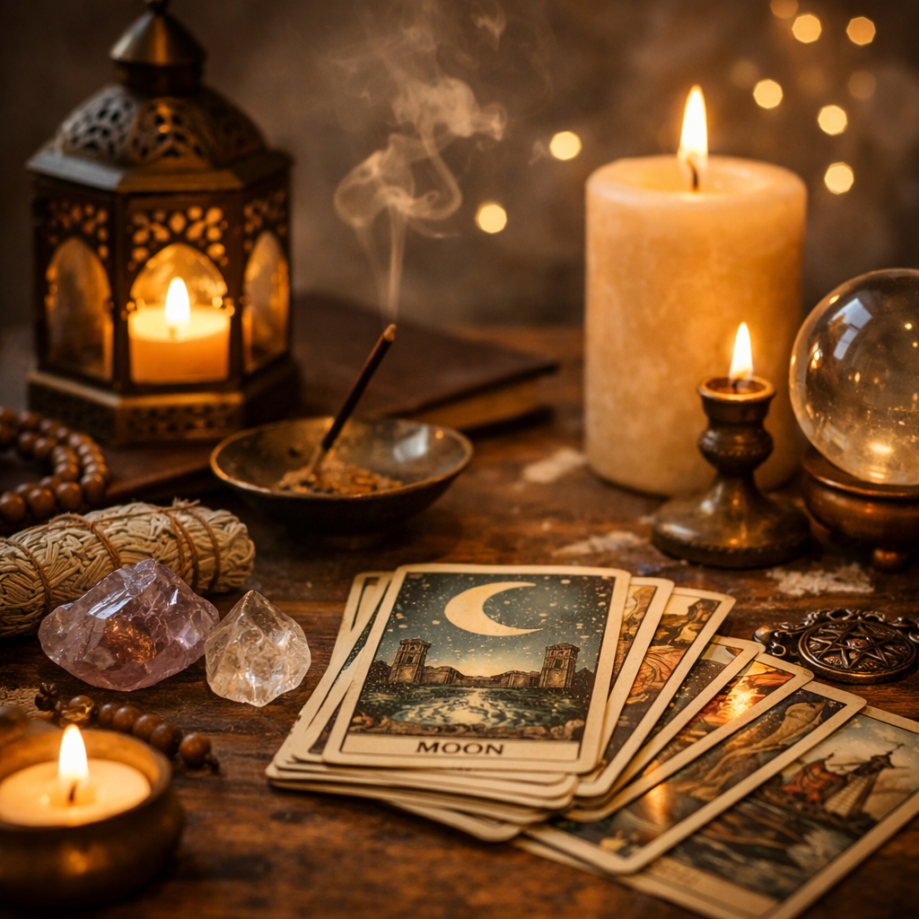A table with tarot cards, candles, crystals, incense, and decorative items, creating a mystical and spiritual ambiance.