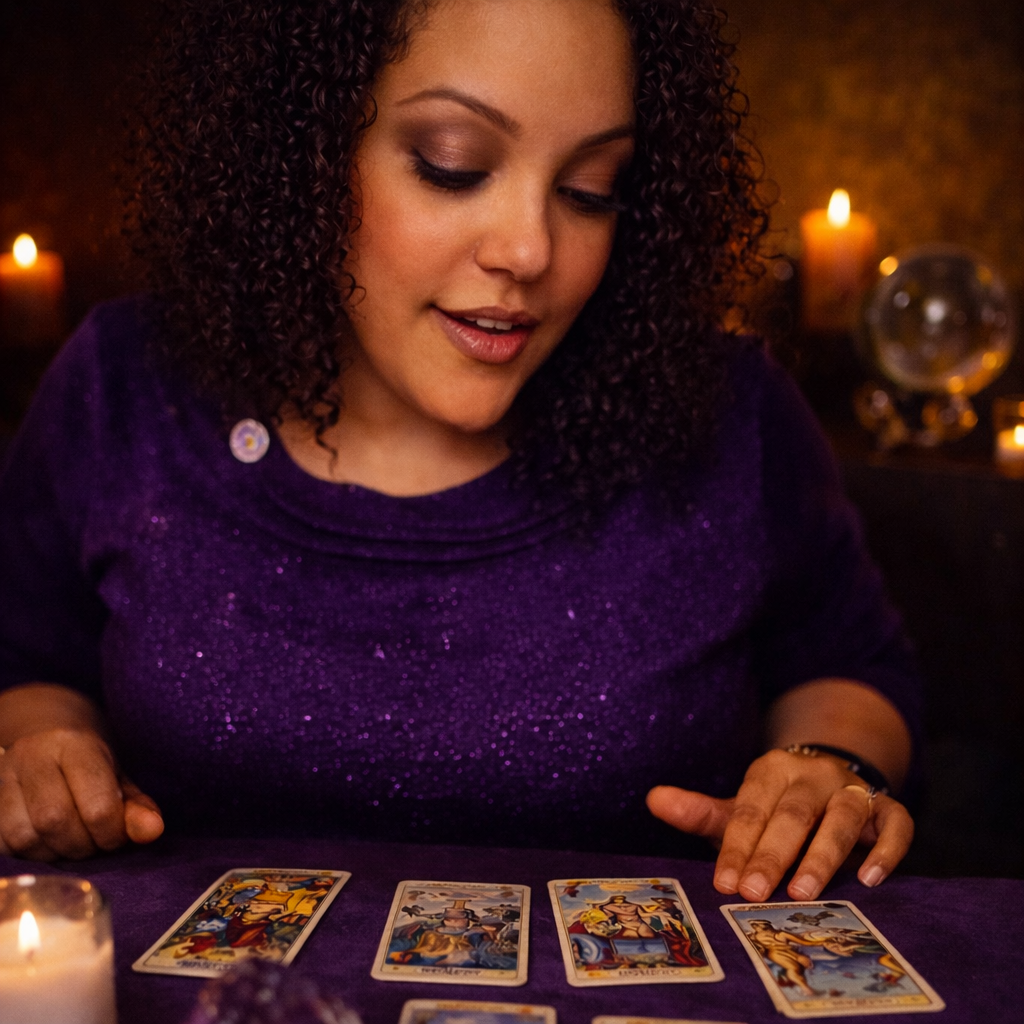 A woman with curly hair and purple clothing is looking at tarot cards spread out on a table, with lit candles and decorative objects in the dimly lit background.