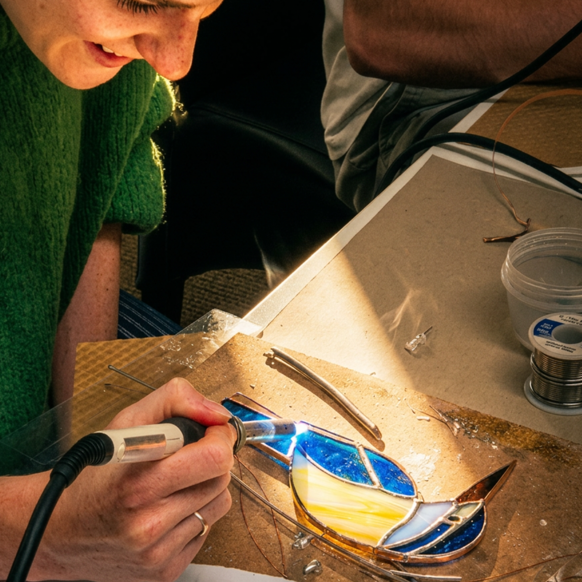 Close-up of a person using a soldering tool on a stained glass art piece, with copper foil around the glass pieces, on a workbench.